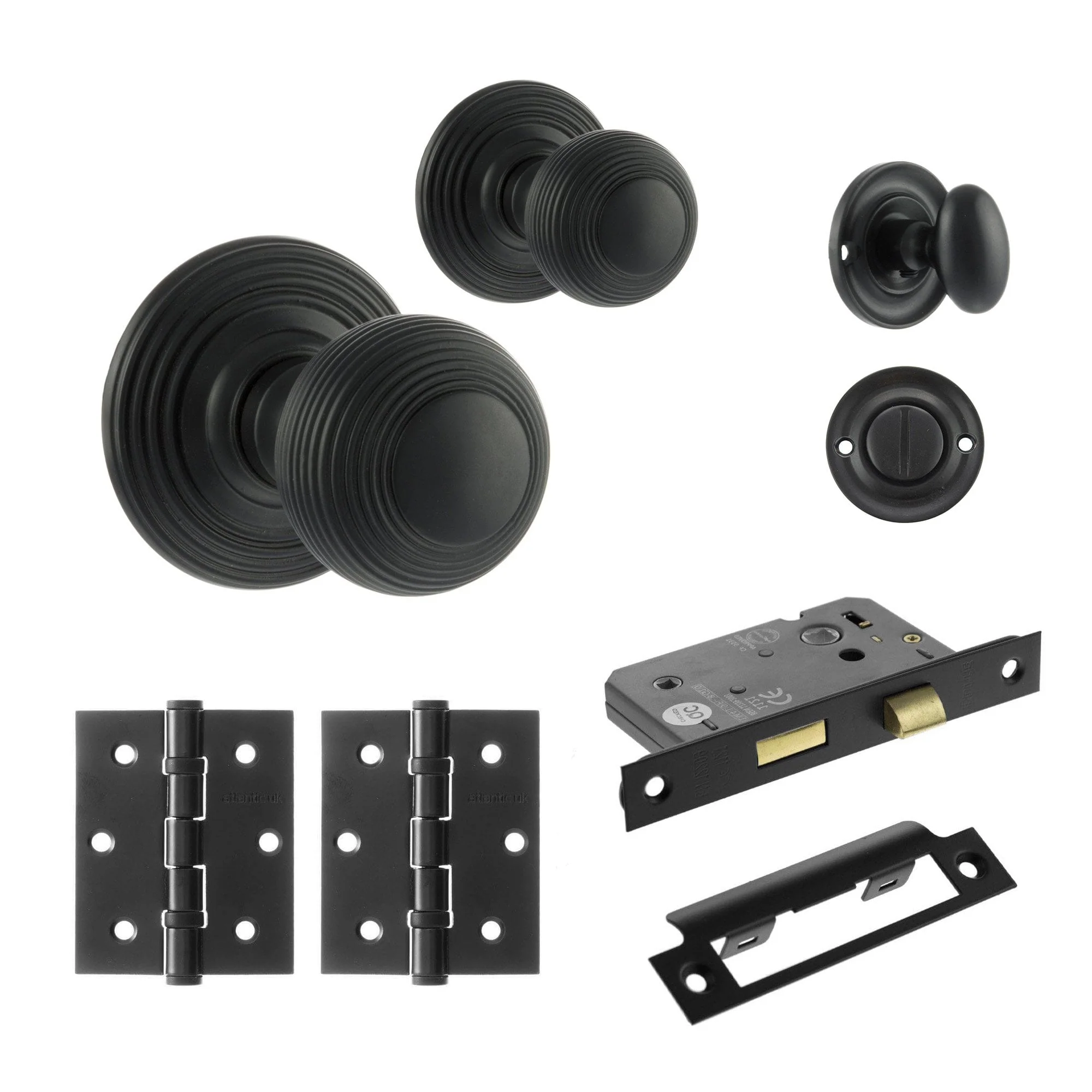 Ripon Round Reeded Mortice Bathroom Door Knob Set - Matt Black