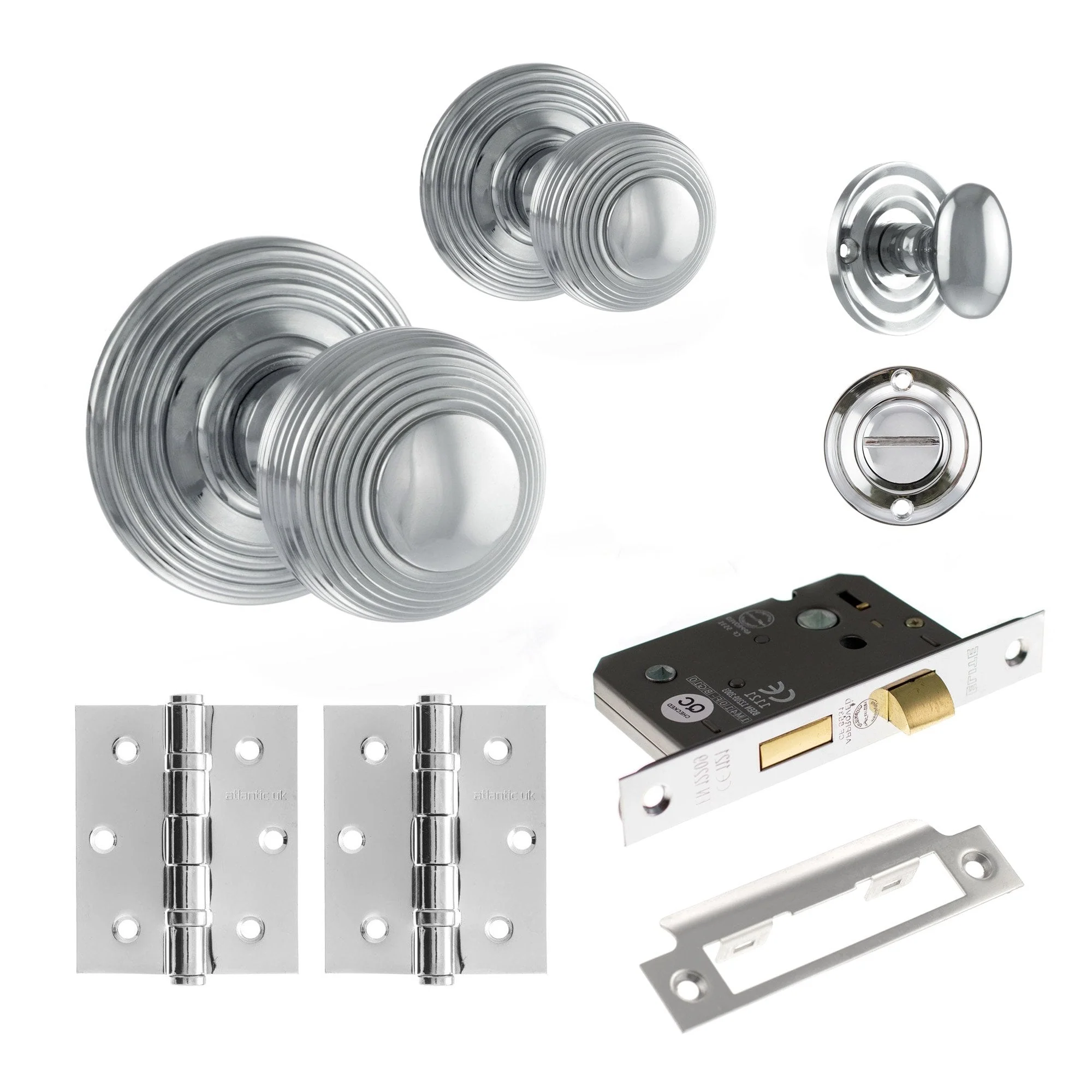 Ripon Round Reeded Mortice Bathroom Knob Set Door Knob Set - Polished Chrome