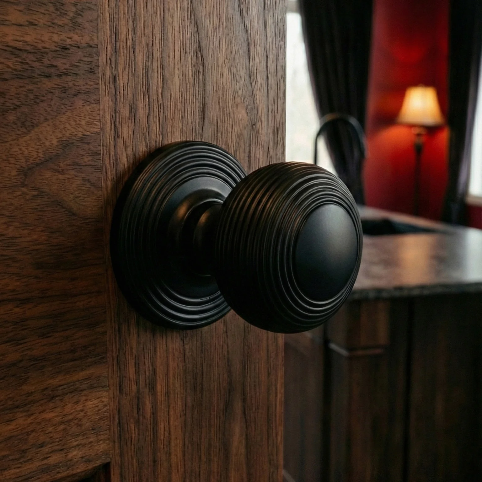 Ripon Round Reeded Mortice Door Knob Set - Matt Black - Image 2