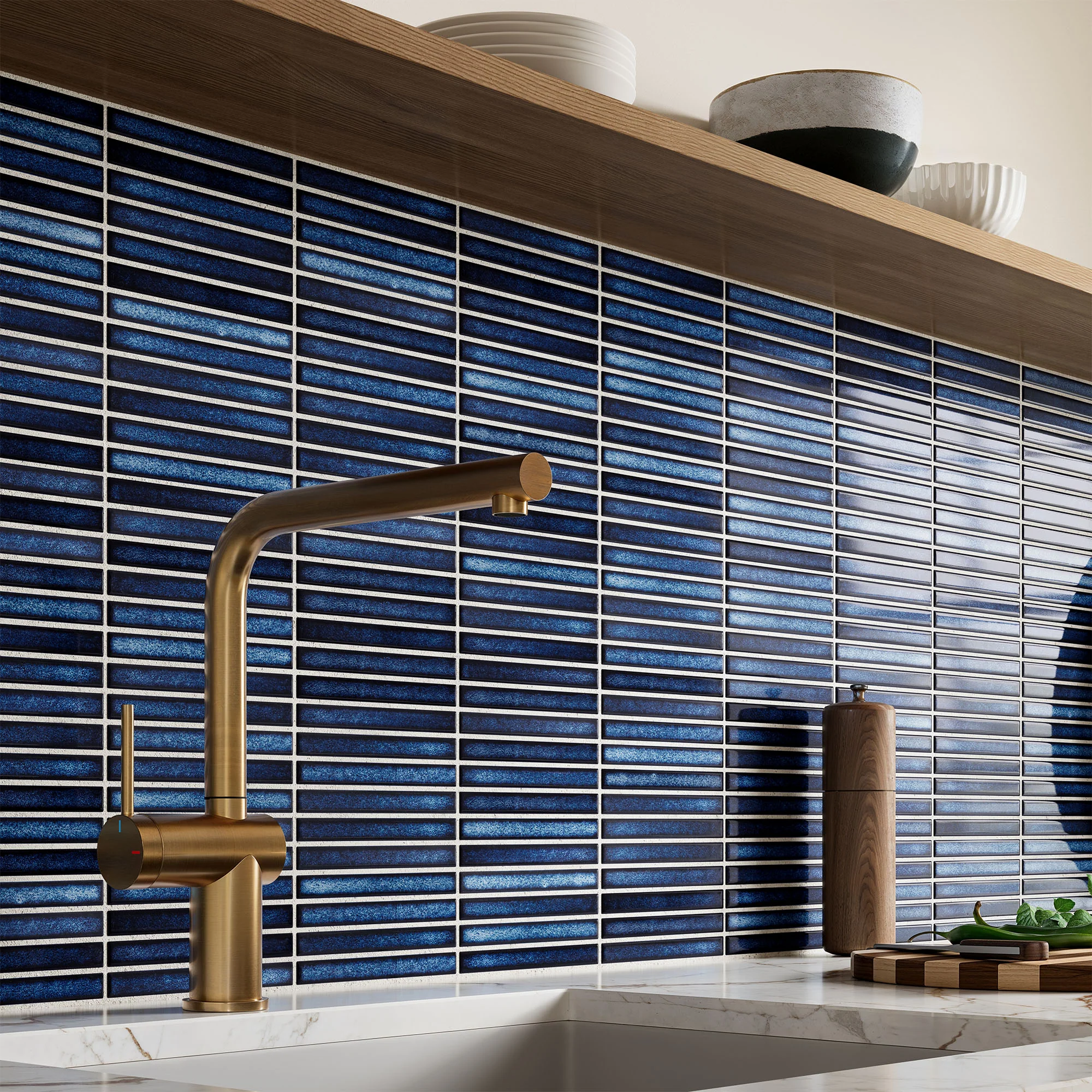 Blue Gloss - Linear Smooth Mosaic Porcelain Wall Tile Sample - Image 2