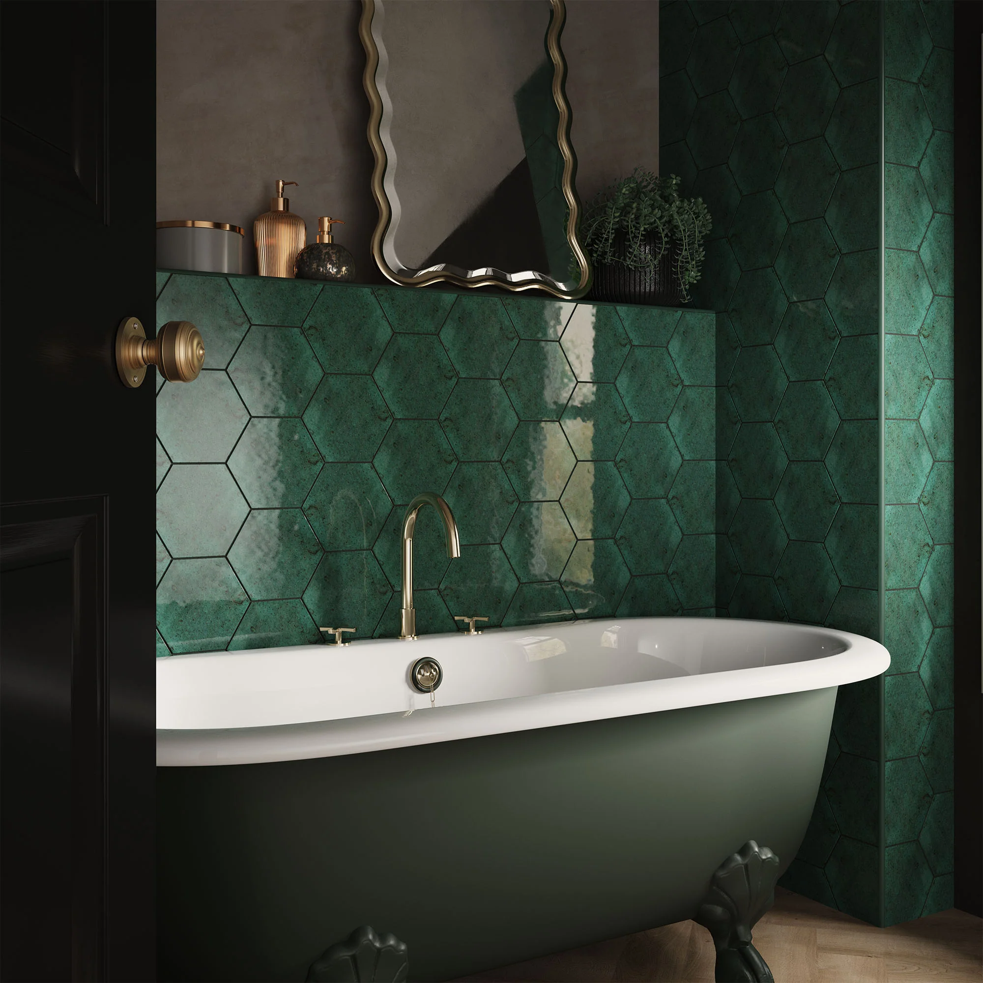 Green Gloss - Aura Smooth Hexagon Ceramic Wall Tile Sample - Image 2