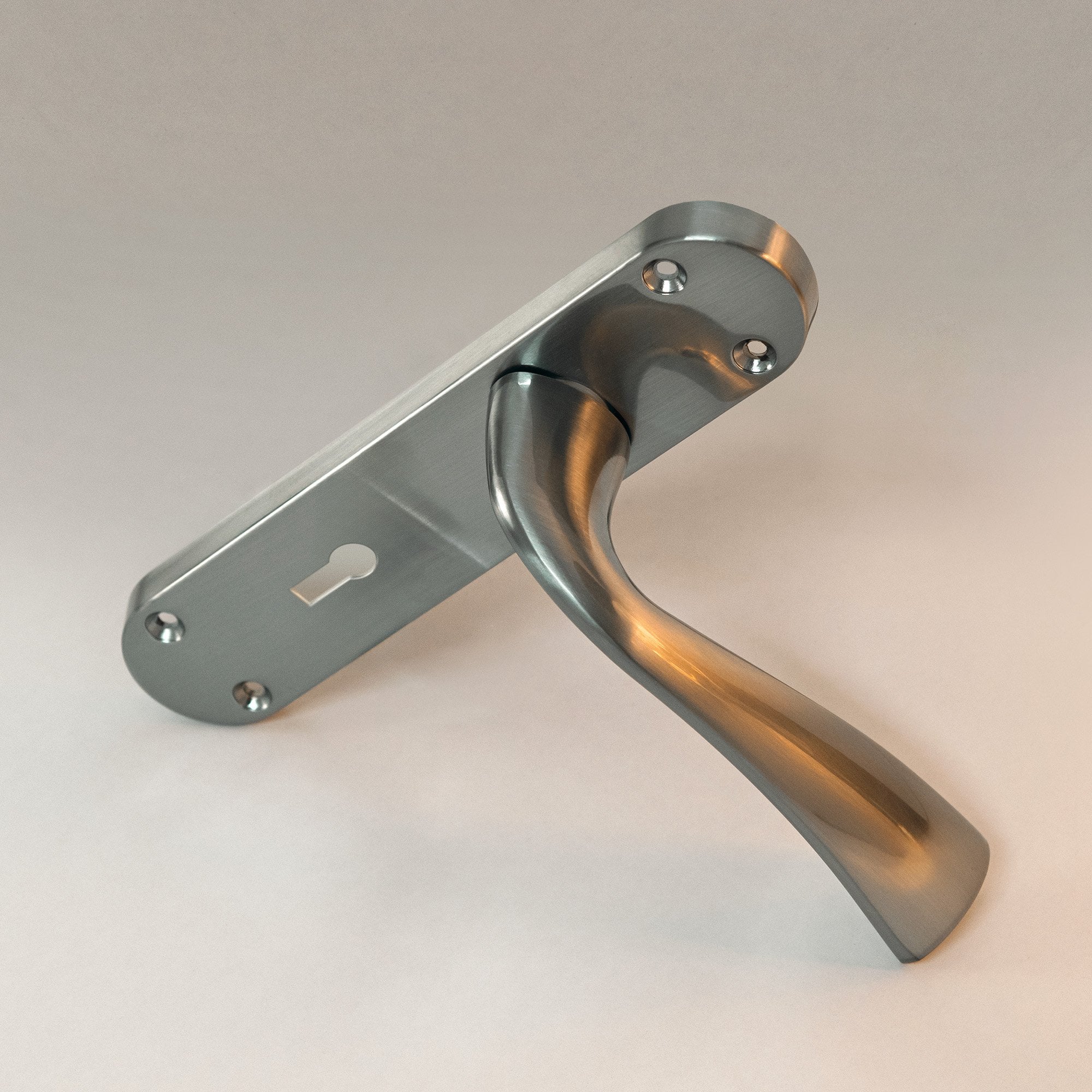 Scimitar Lever and Lock on Backplate Bathroom Door Handle Set - Satin Chrome - Image 3