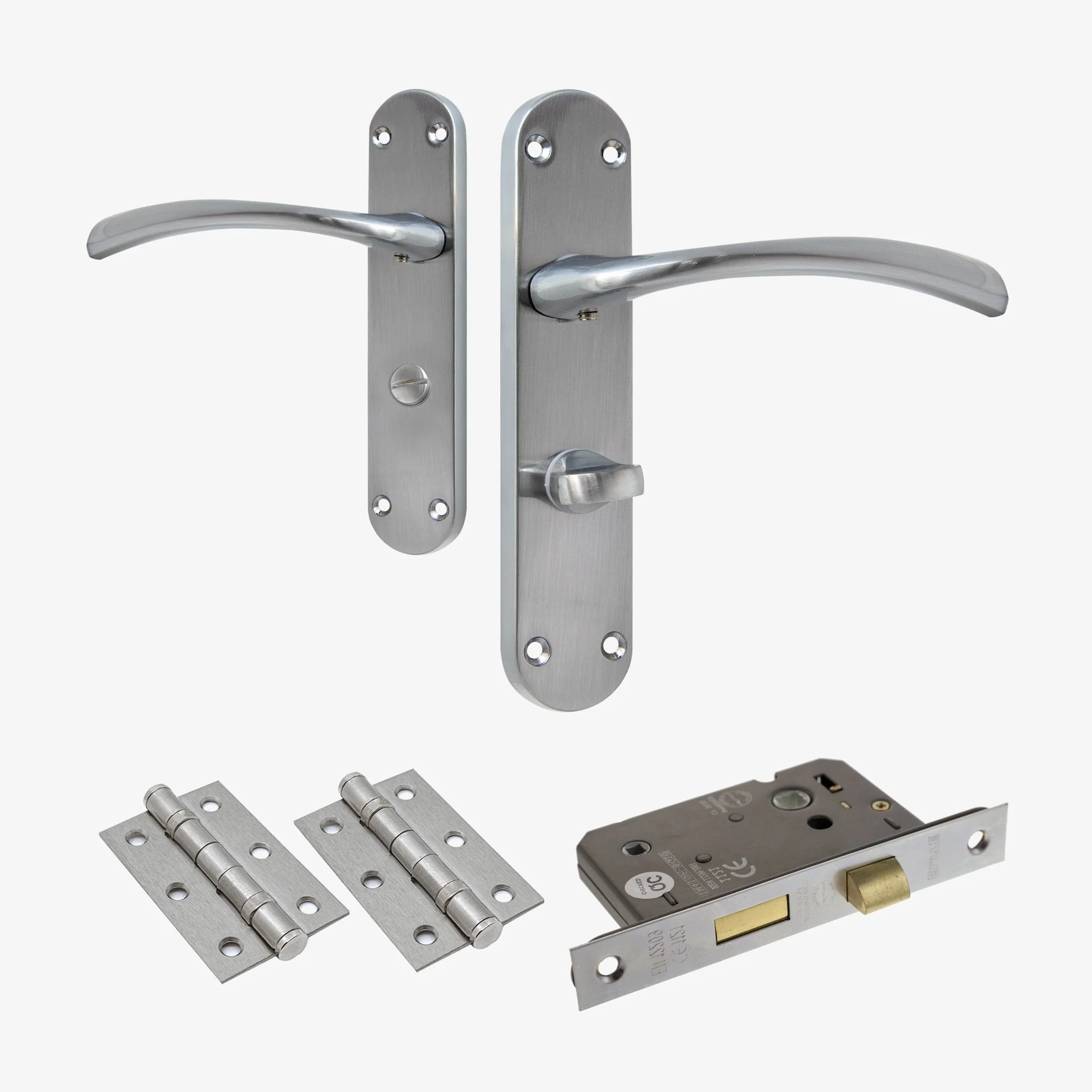 Scimitar Lever on Backplate Bathroom Door Handle Set - Satin Chrome