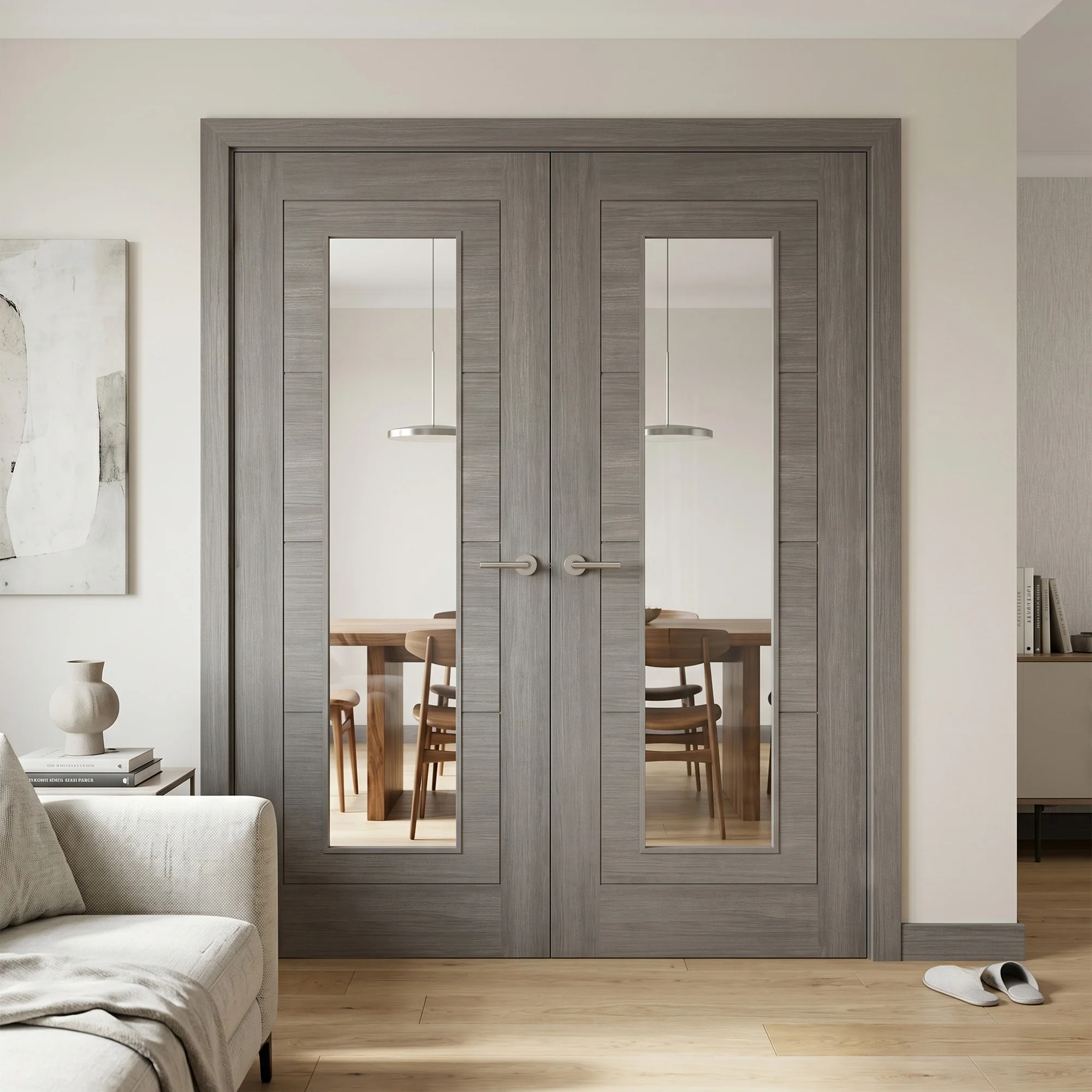 Light Grey Fully Finished Internal Endure Laminate Ladder Clear Glass Double Door