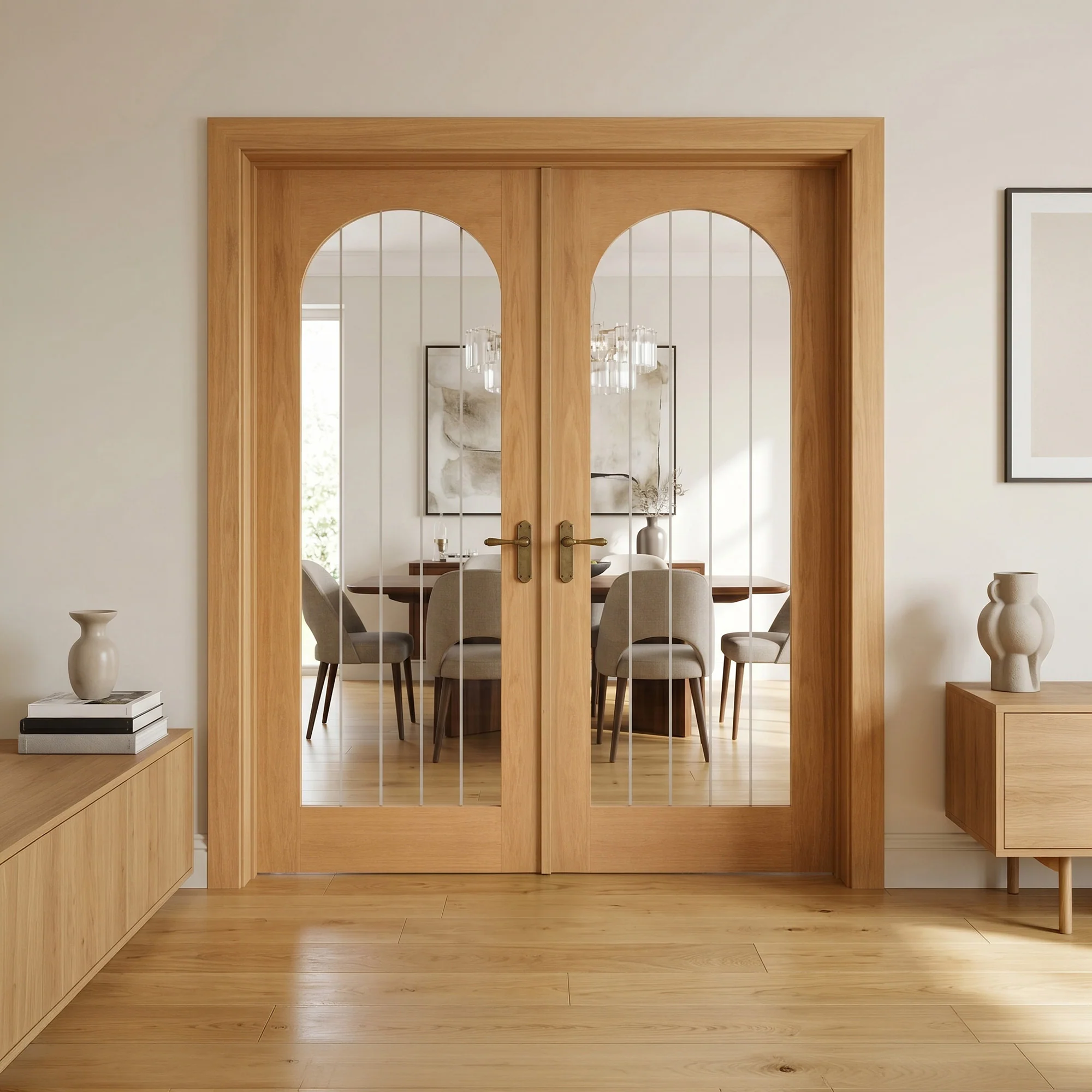 Oak Internal Fully Finished Farley Arched Square Top 1 Light Obscure Lined Clear Glass Double Door