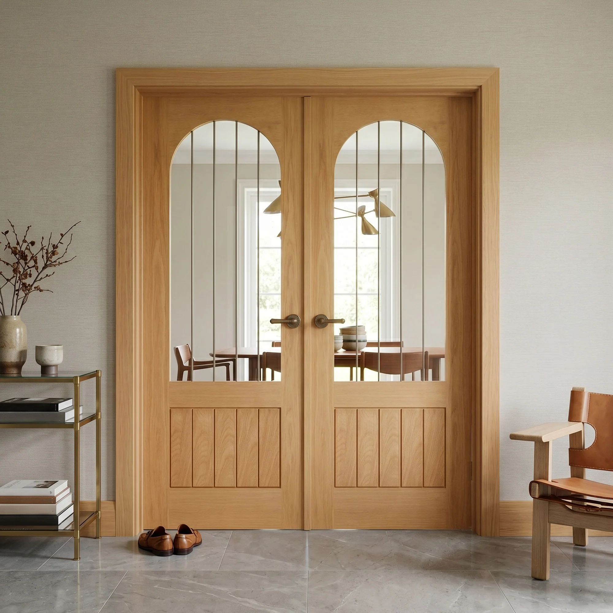 Oak Internal Fully Finished Farley Arched Square Top 1 Panel 1 Light Obscure Lined Clear Glass Double Door