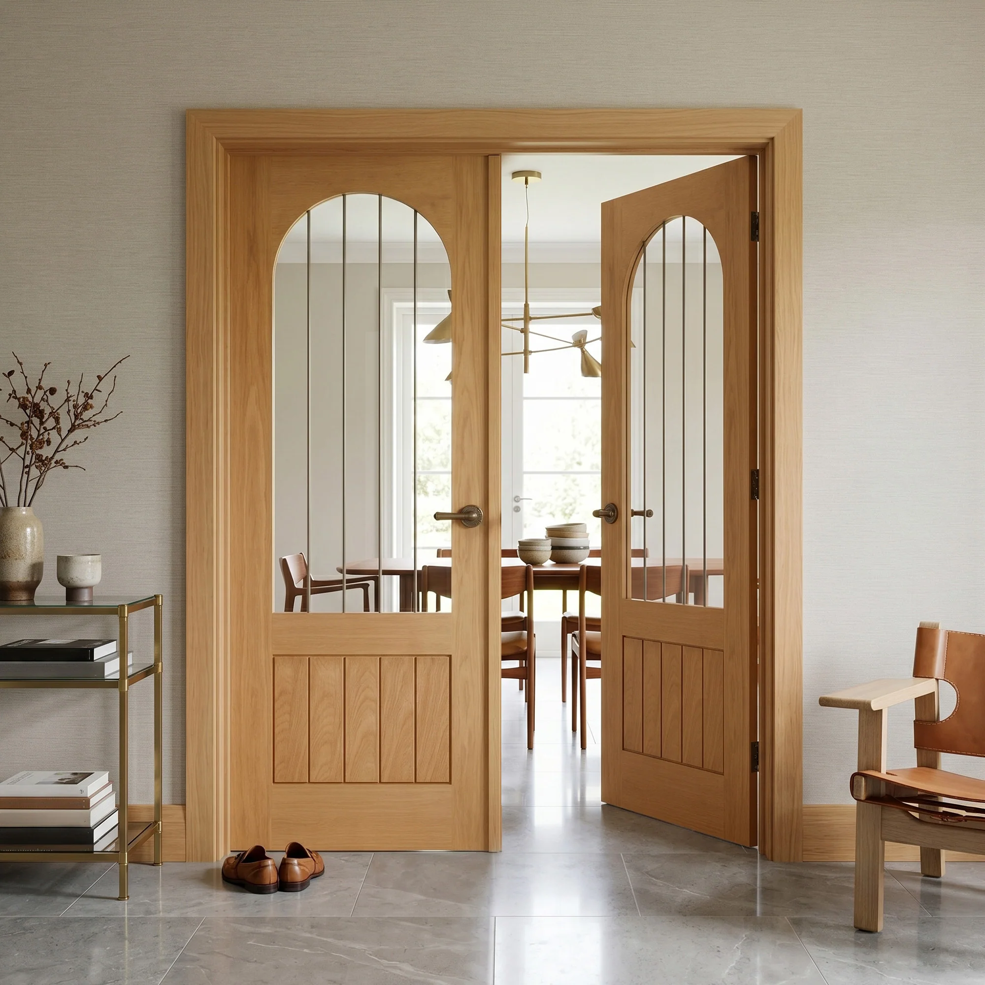 Oak Internal Fully Finished Farley Arched Square Top 1 Panel 1 Light Obscure Lined Clear Glass Double Door - Image 2