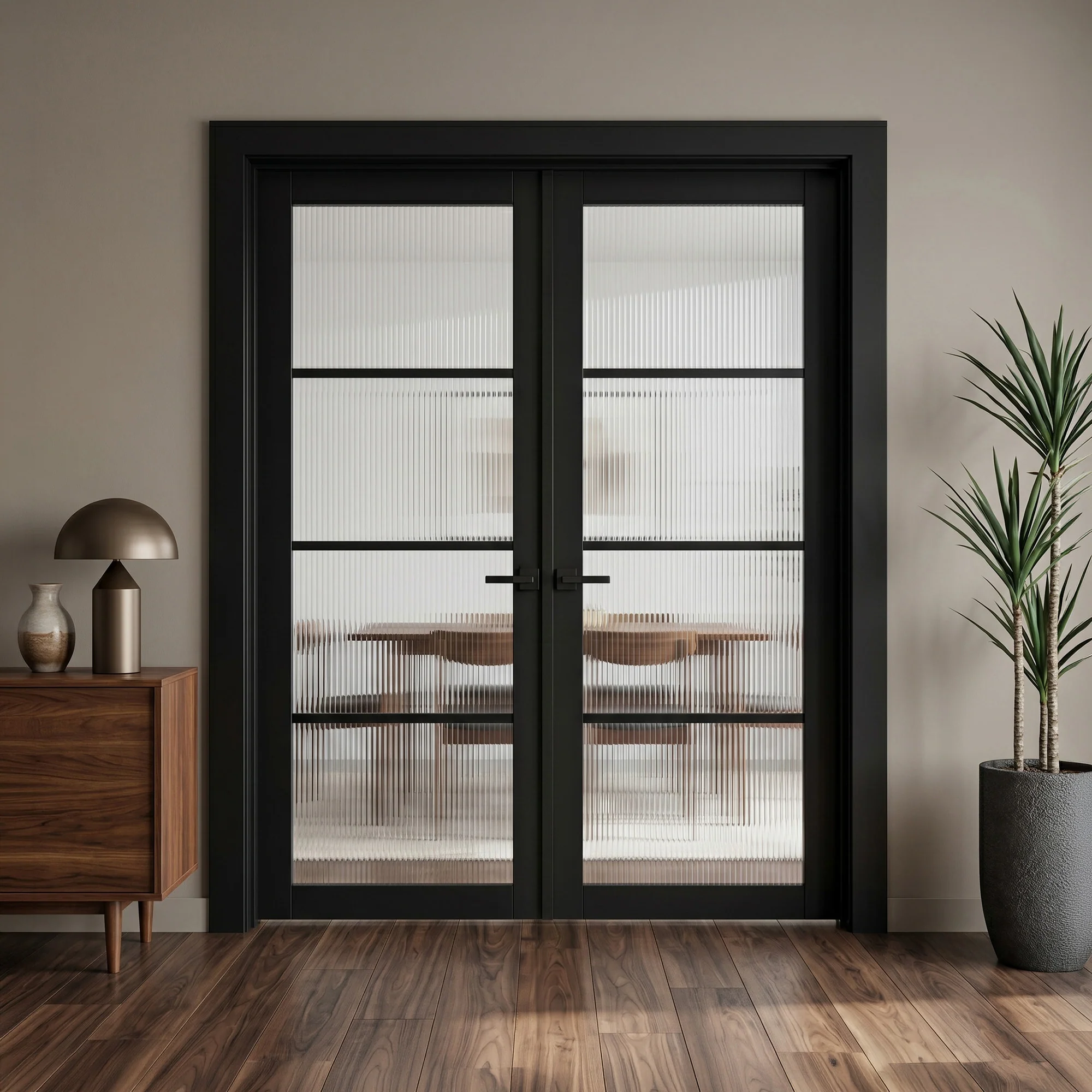 Jet Black Internal Fully Finished 4 Light Reeded Glass Industrial Studio Double Door