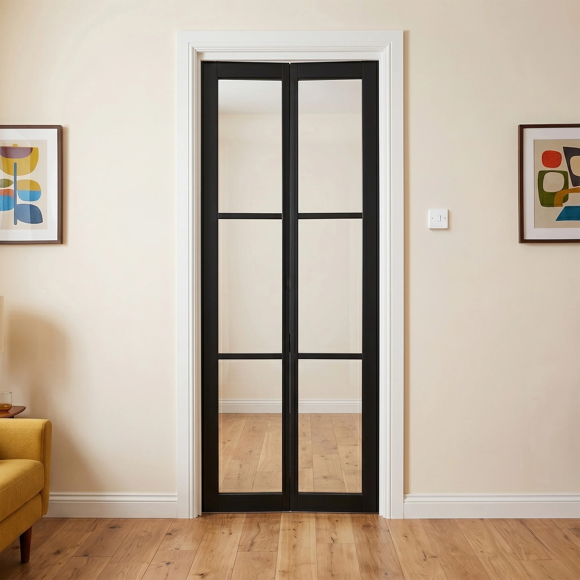 Jet Black Internal Fully Finished Industrial Studio 3 Light Clear Glass Bi-fold Door - Image 3