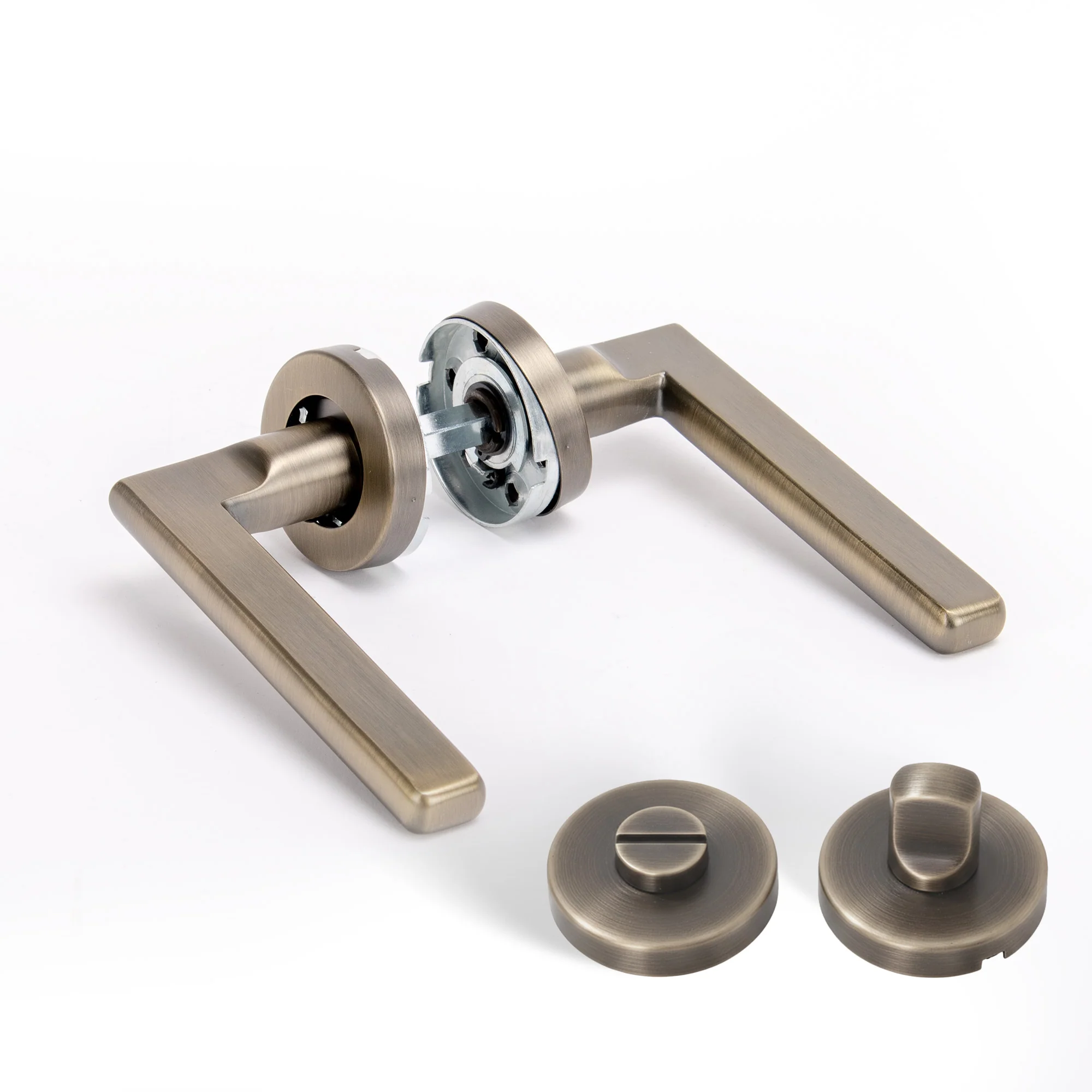 Superior Luna Lever on Round Rose Bathroom Handle Set - Antique Brass