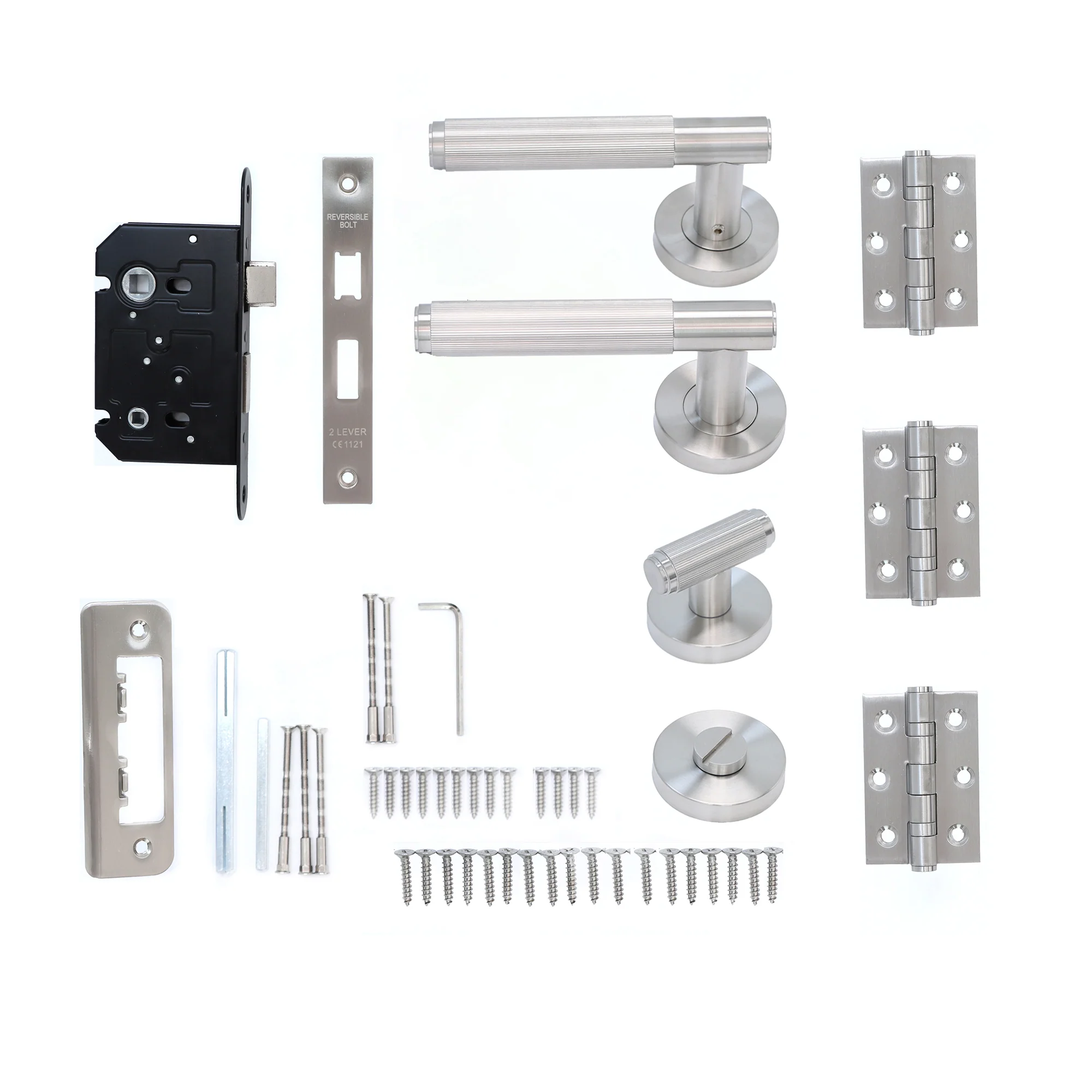Fluted Lever on Round Rose Bathroom Door Handle Set - Satin Stainless Steel