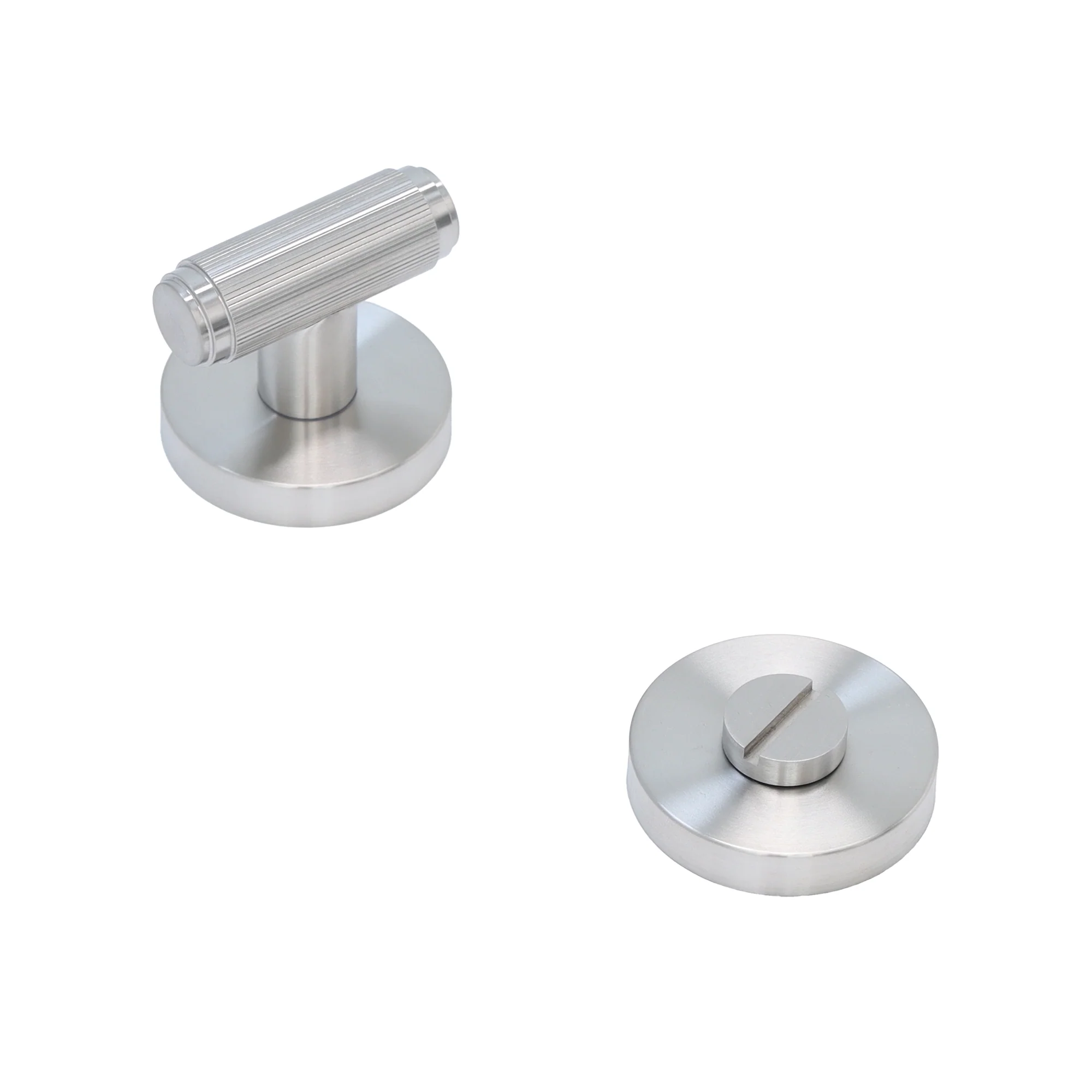 Fluted Lever on Round Rose Bathroom Door Handle Set - Satin Stainless Steel - Image 2
