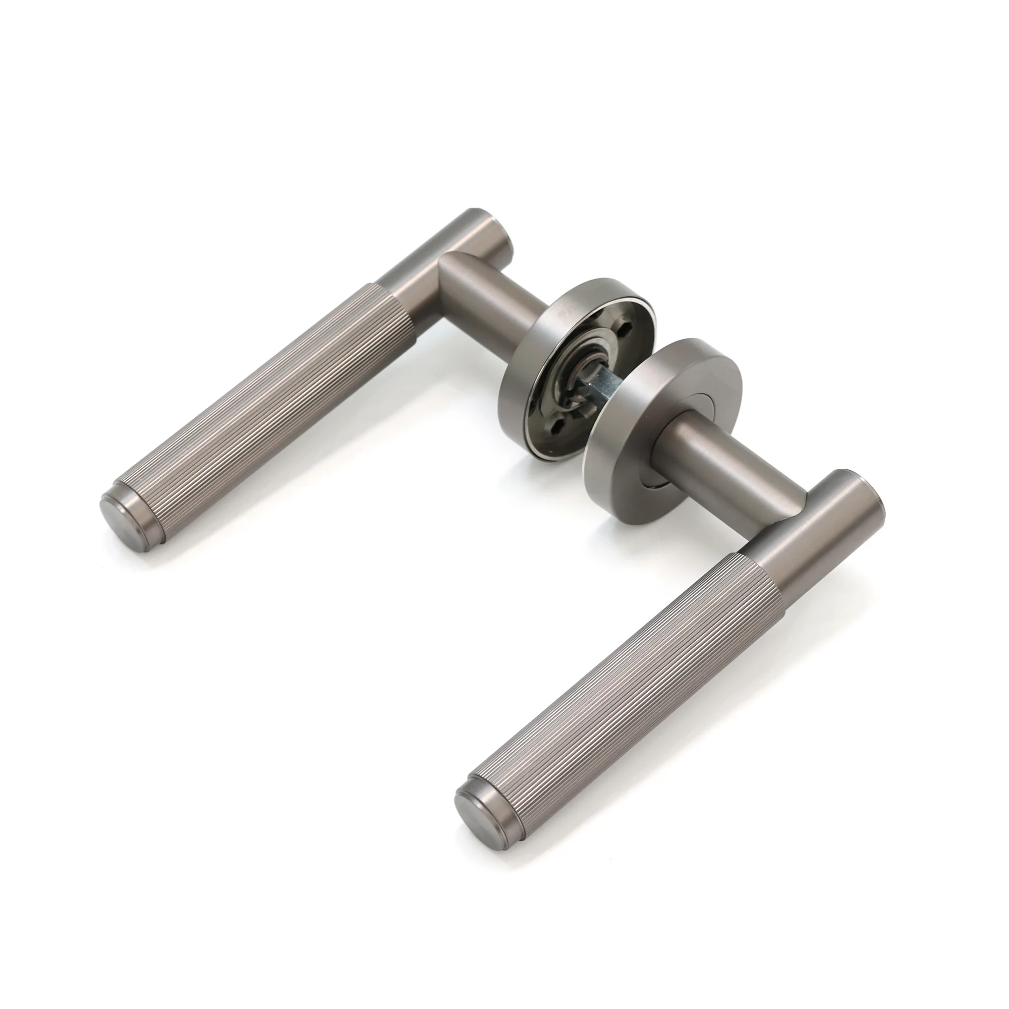 Fluted Lever on Round Rose Door Handle Set - Satin Stainless Steel - Image 4