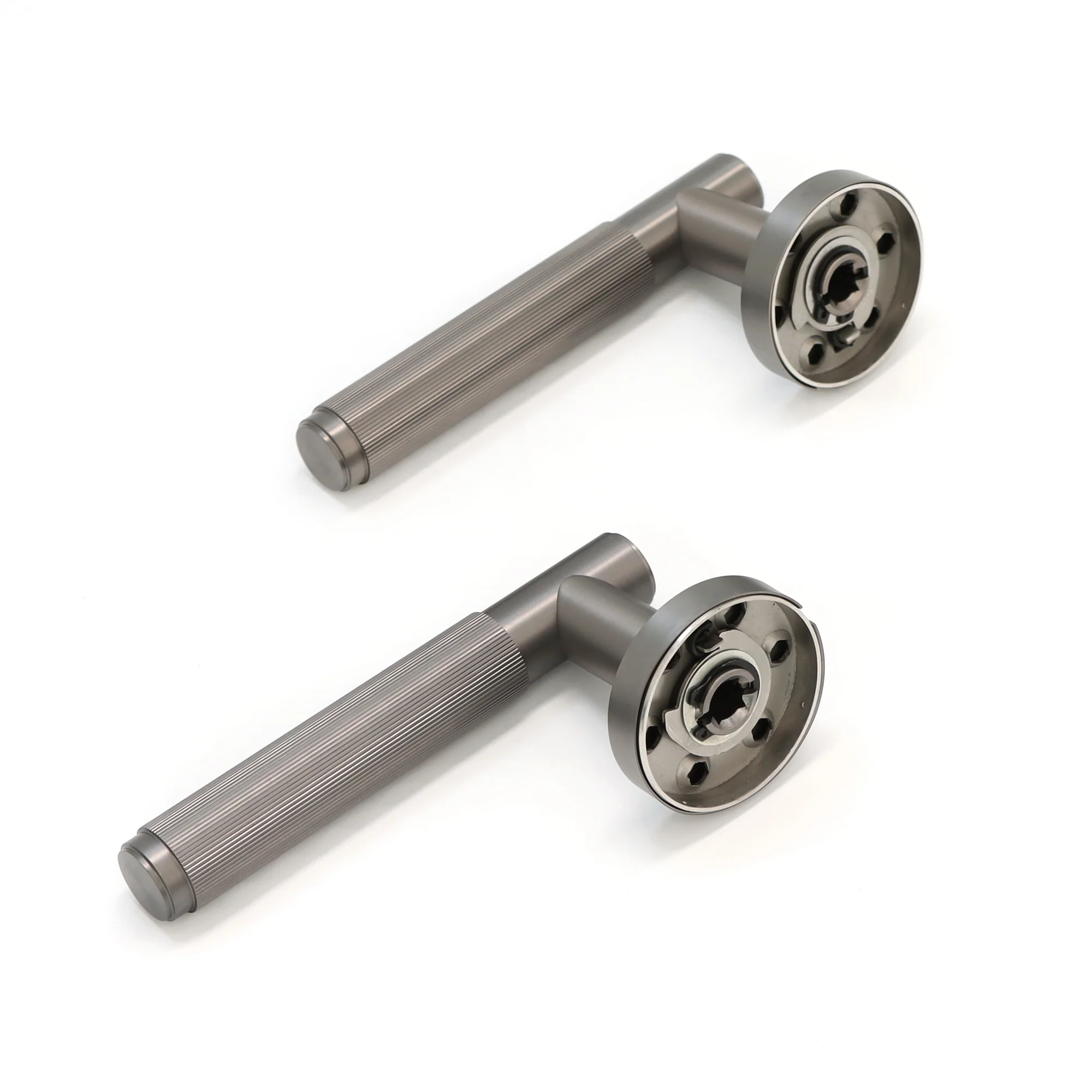 Fluted Lever on Round Rose Door Handle Set - Satin Stainless Steel - Image 5