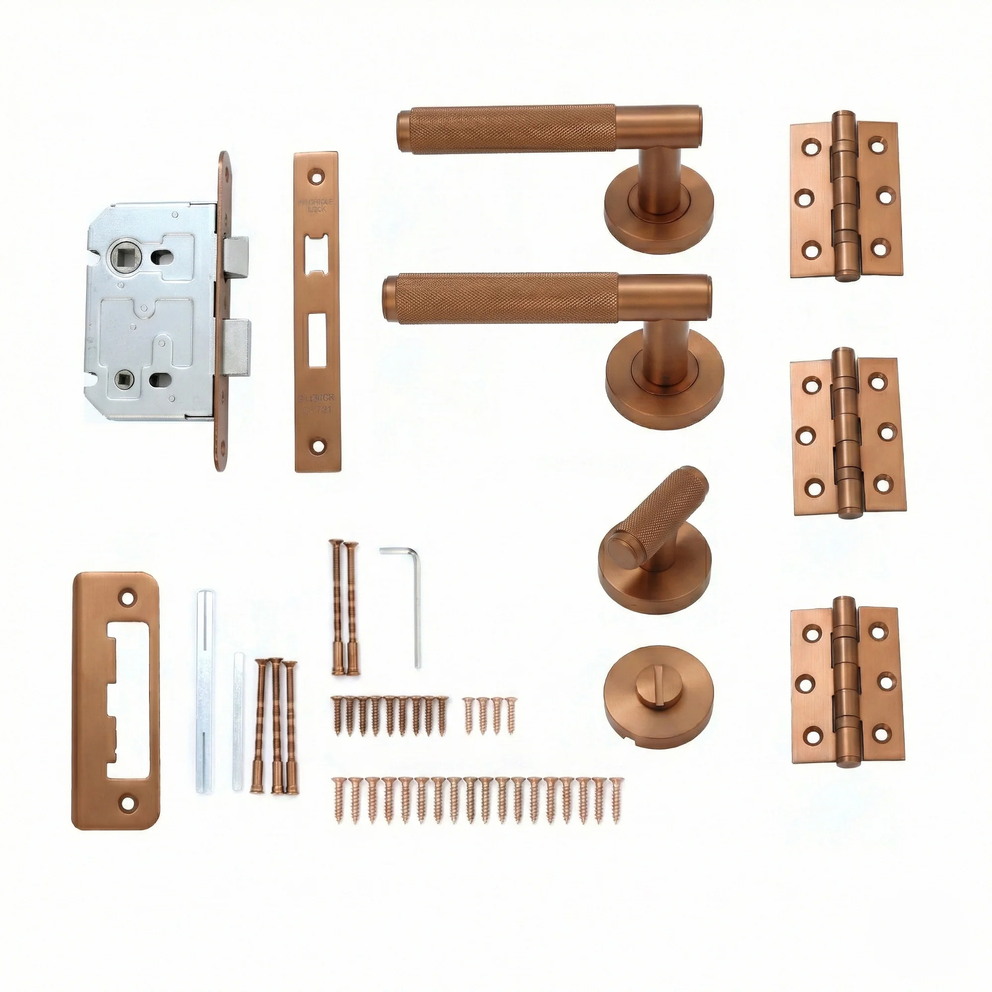 Knurled Lever on Round Rose Bathroom Door Handle Set - Rose Gold