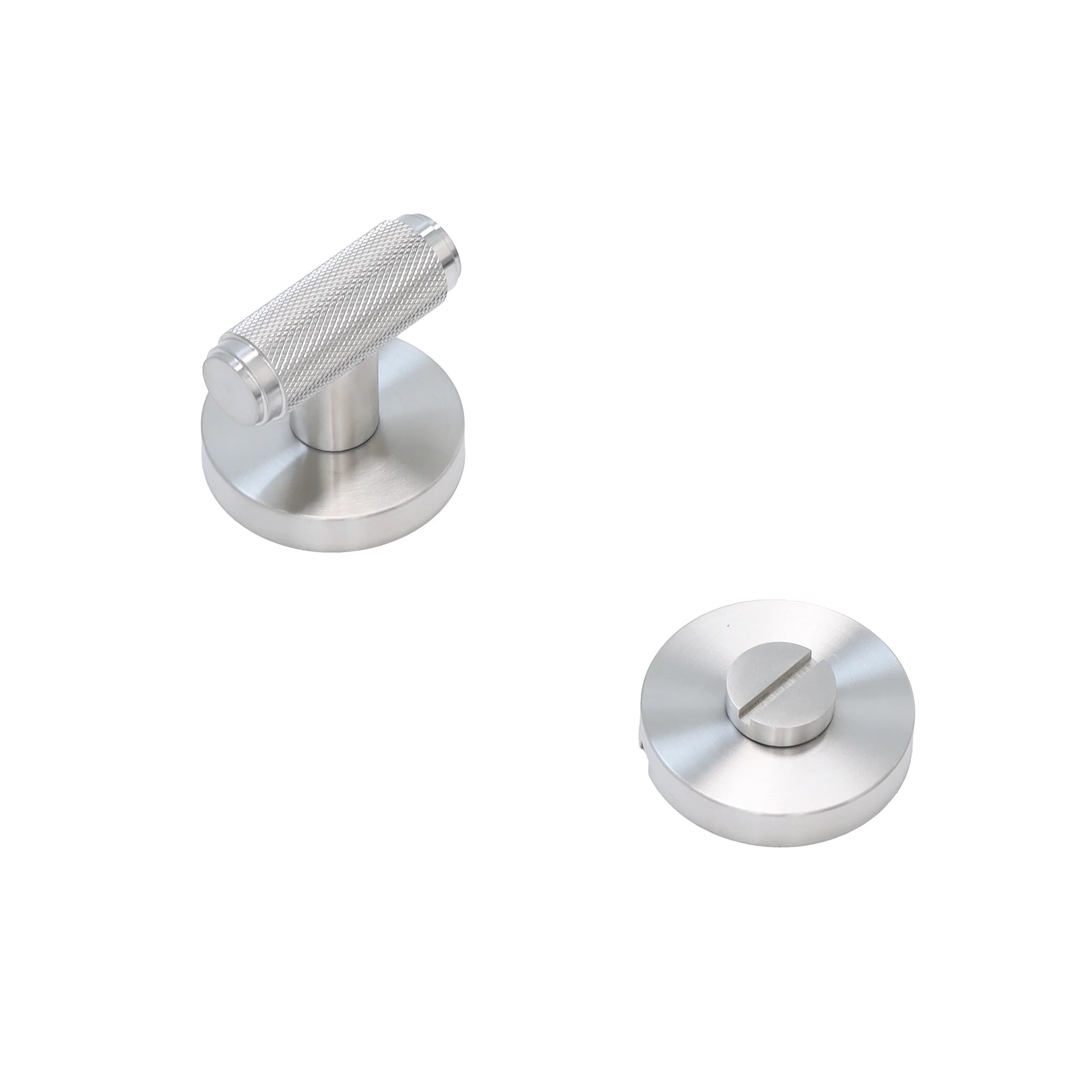 Knurled Lever on Round Rose Bathroom Door Handle Set - Satin Stainless Steel - Image 3