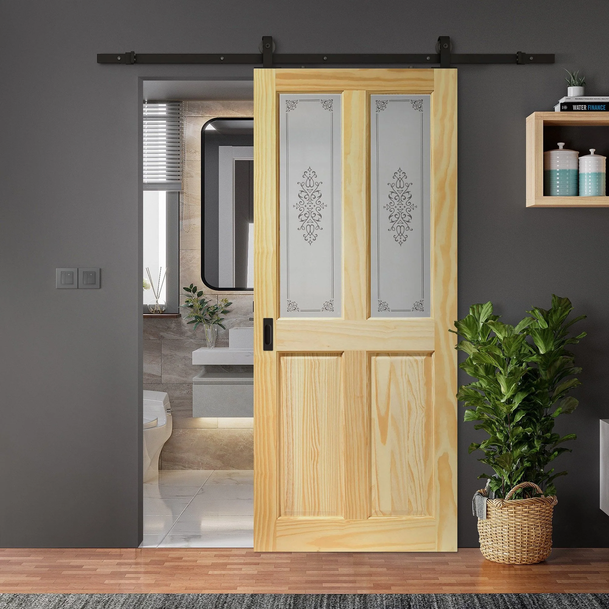 Clear Pine Internal Unfinished 2 Panel 2 Light Campion Glass Sliding Door - Black Top Mounted