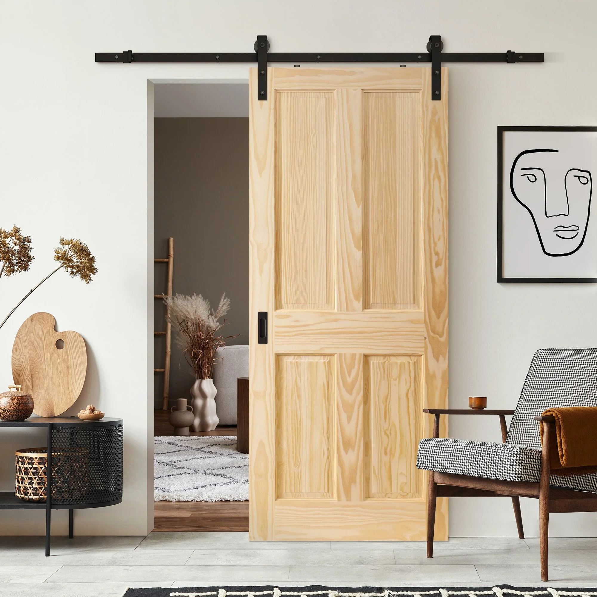 Clear Pine Internal Unfinished Malton 4 Panel Sliding Door - Black Face Mounted