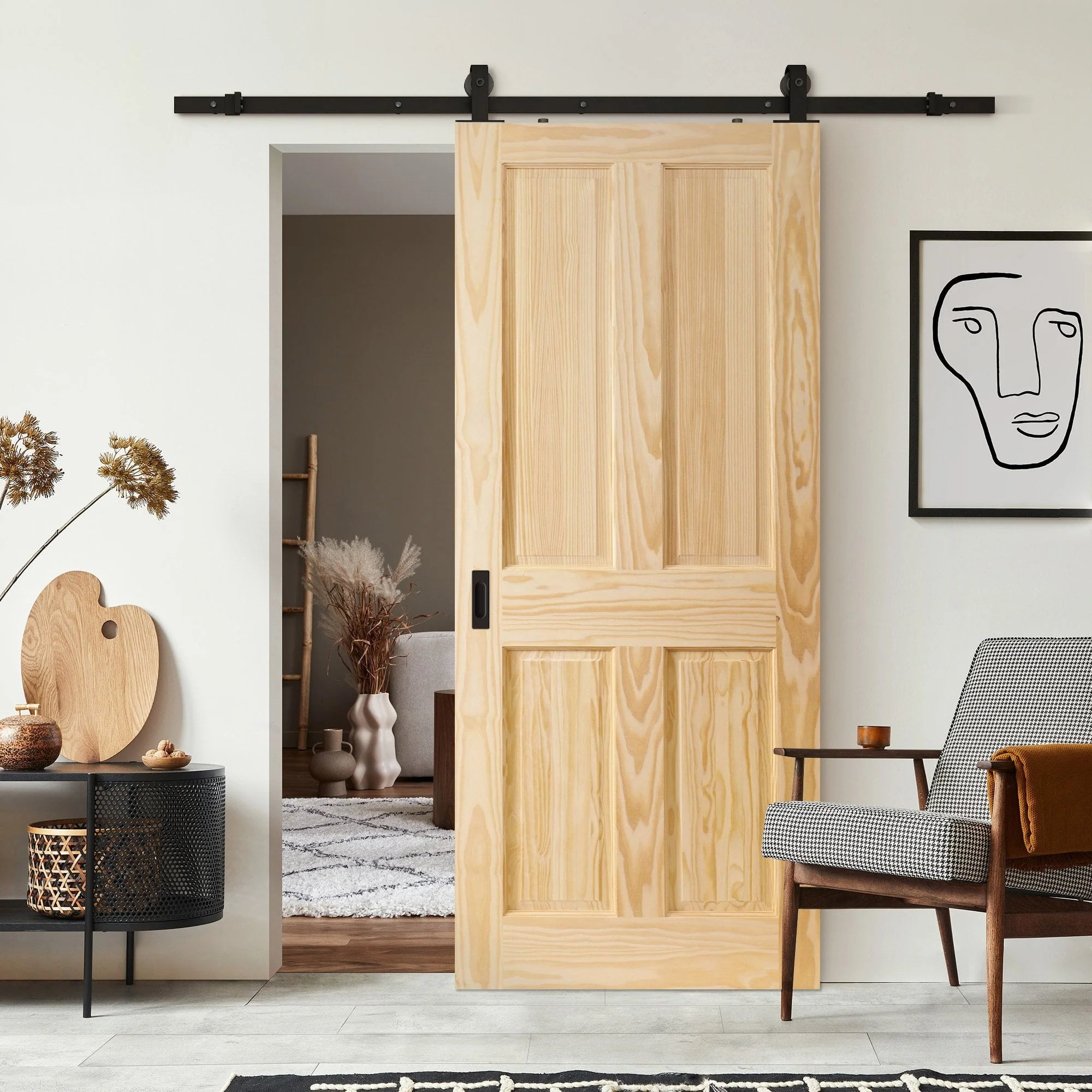 Clear Pine Internal Unfinished Malton 4 Panel Sliding Door - Black Top Mounted