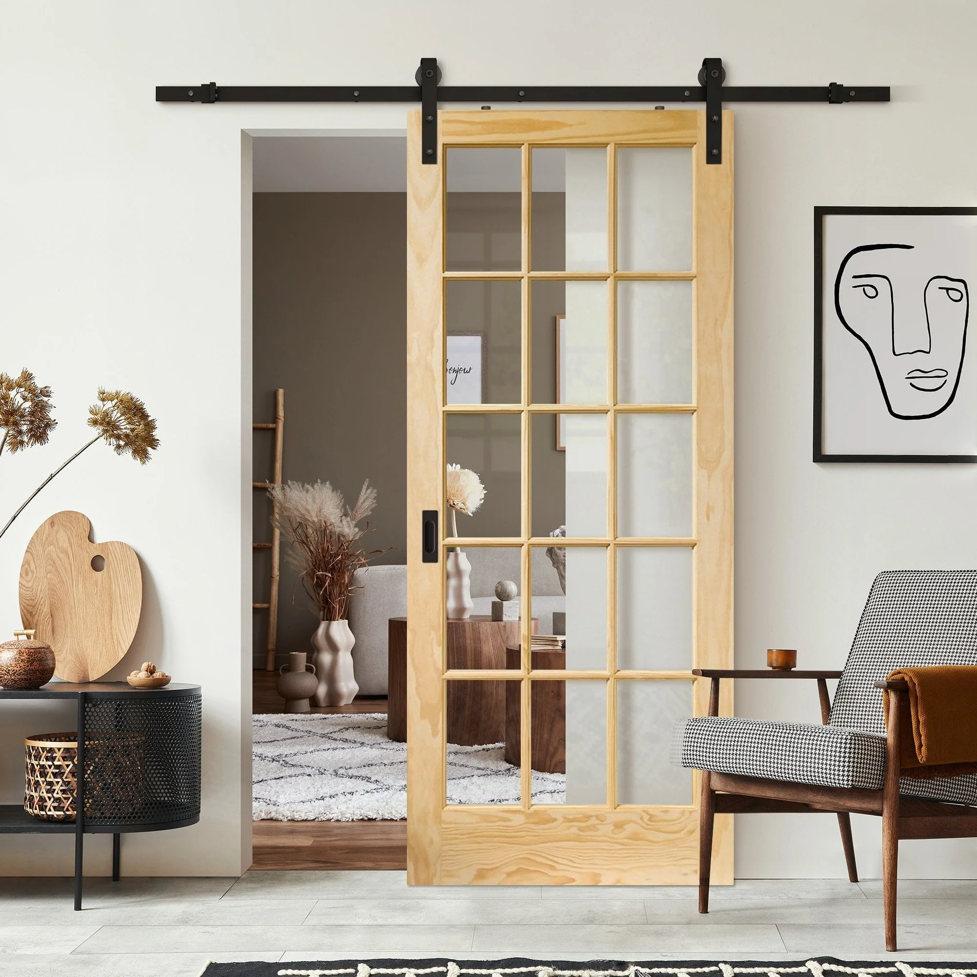 Clear Pine Internal Unfinished SA 15 Light Clear Glass Sliding Door - Black Face Mounted - Image 2
