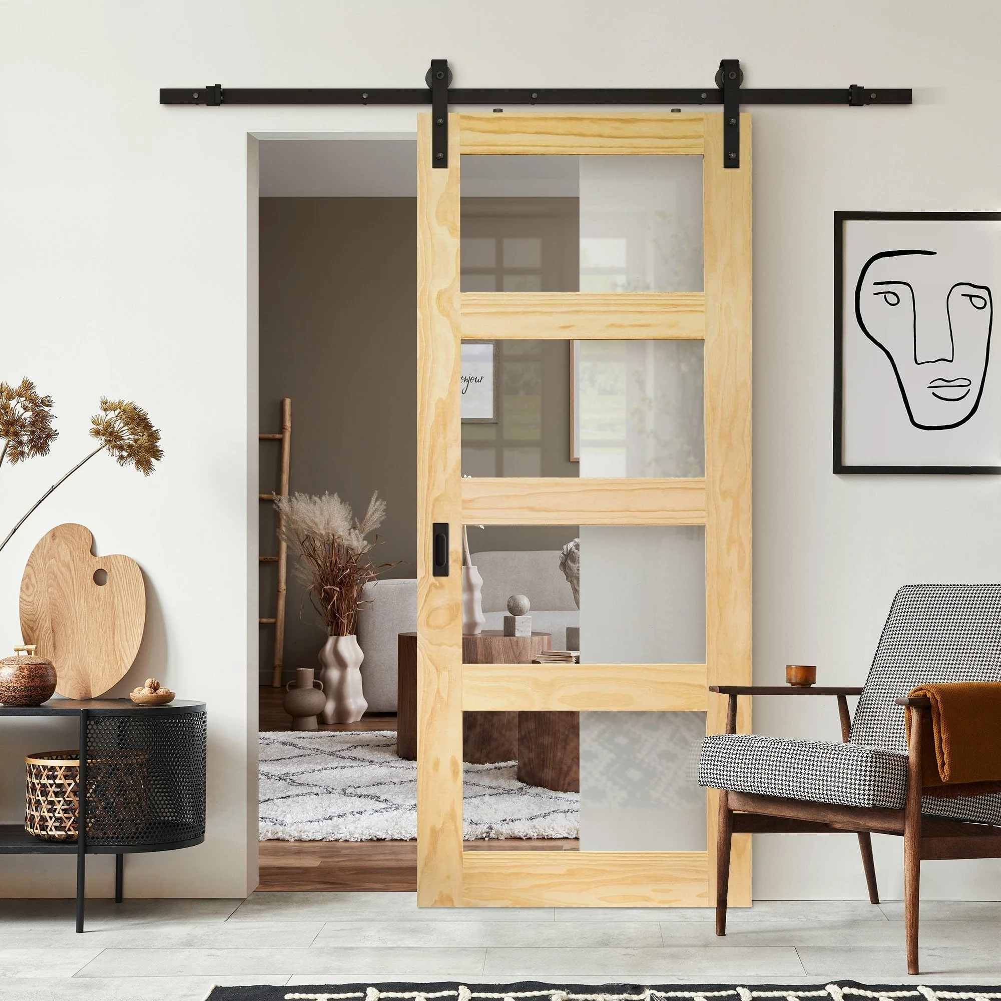 Clear Pine Internal Unfinished Shaker 4 Light Clear Glass Sliding Door - Black Face Mounted - Image 2