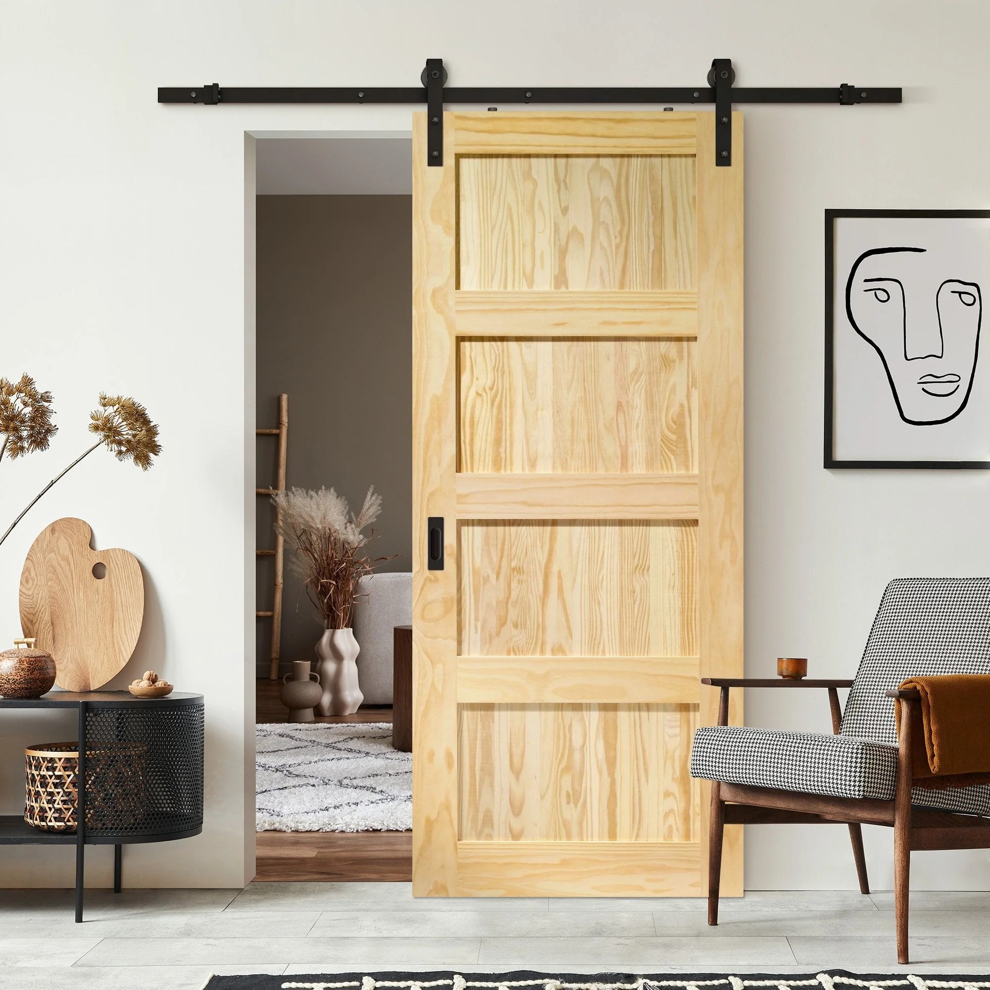 Clear Pine Internal Unfinished Shaker 4 Panel Sliding Door - Black Face Mounted