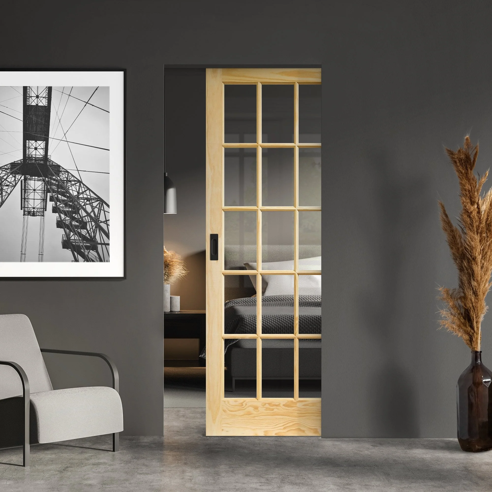 Clear Pine Unfinished Internal SA 15 Clear Glass Framed 100mm Pocket Door Set