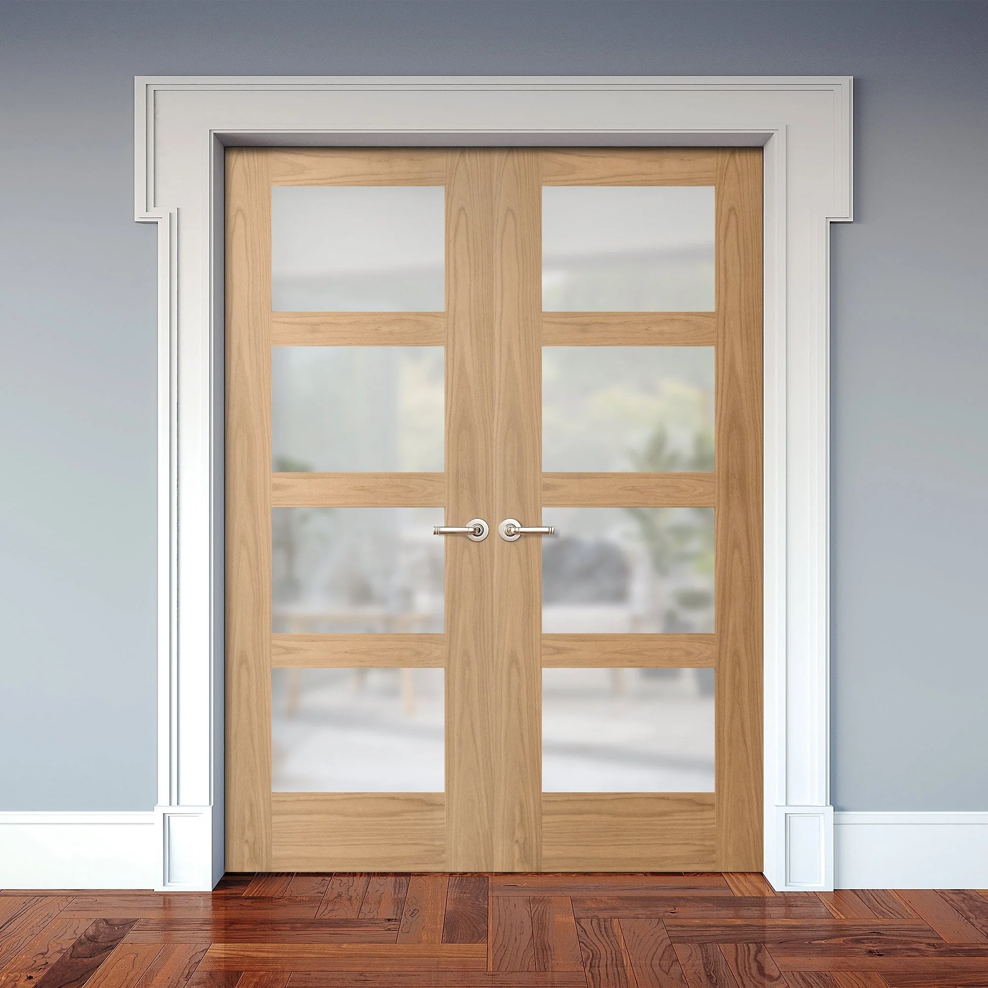 Internal Oak Unfinished Shaker 4 Light Obscure Glass French Door (121385)