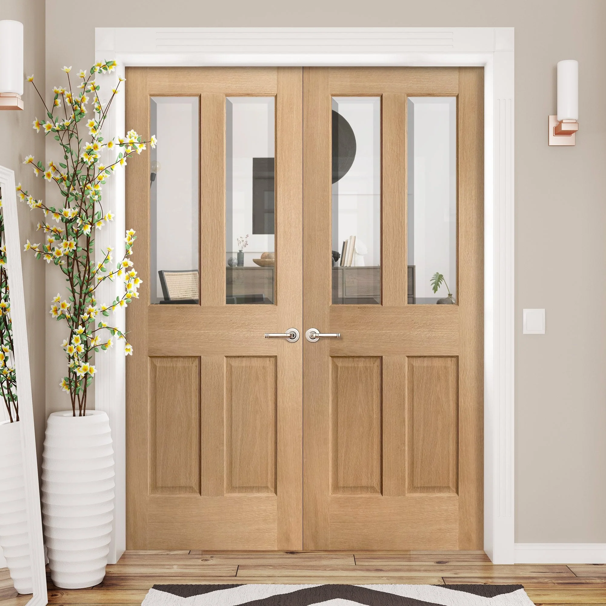 Internal Oak Unfinished Traditional 2 Panel 2 Light Clear Bevelled Glass French Door (121389)