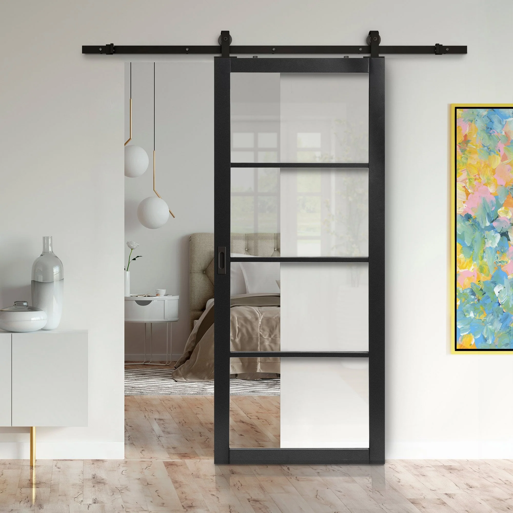 Internal Primed Industrial 2.0 Lifestyle 4 Light Clear Glass Sliding Door - Black Top Mounted