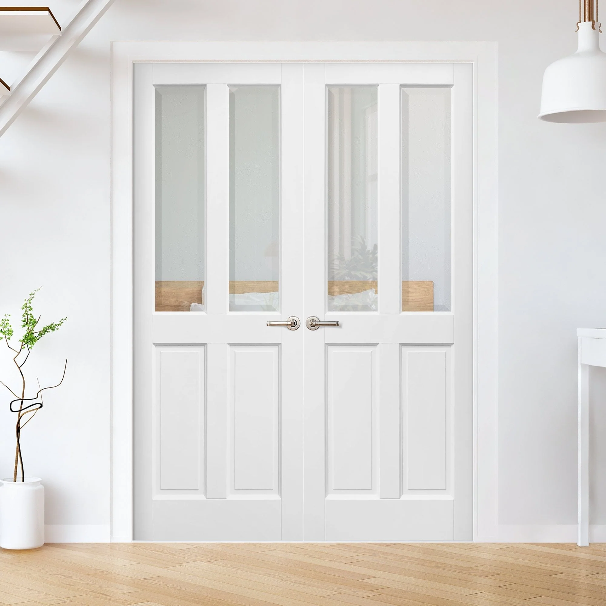 Internal White Primed Berkeley 2 Panel 2 Light Clear Bevelled Glass French Door (121404)