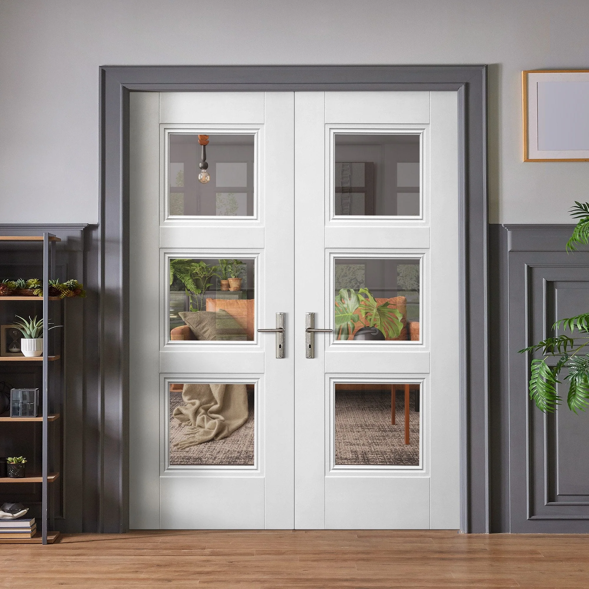Internal White Primed Elegance Ripley 3 Light Clear Glass French Door (121415)