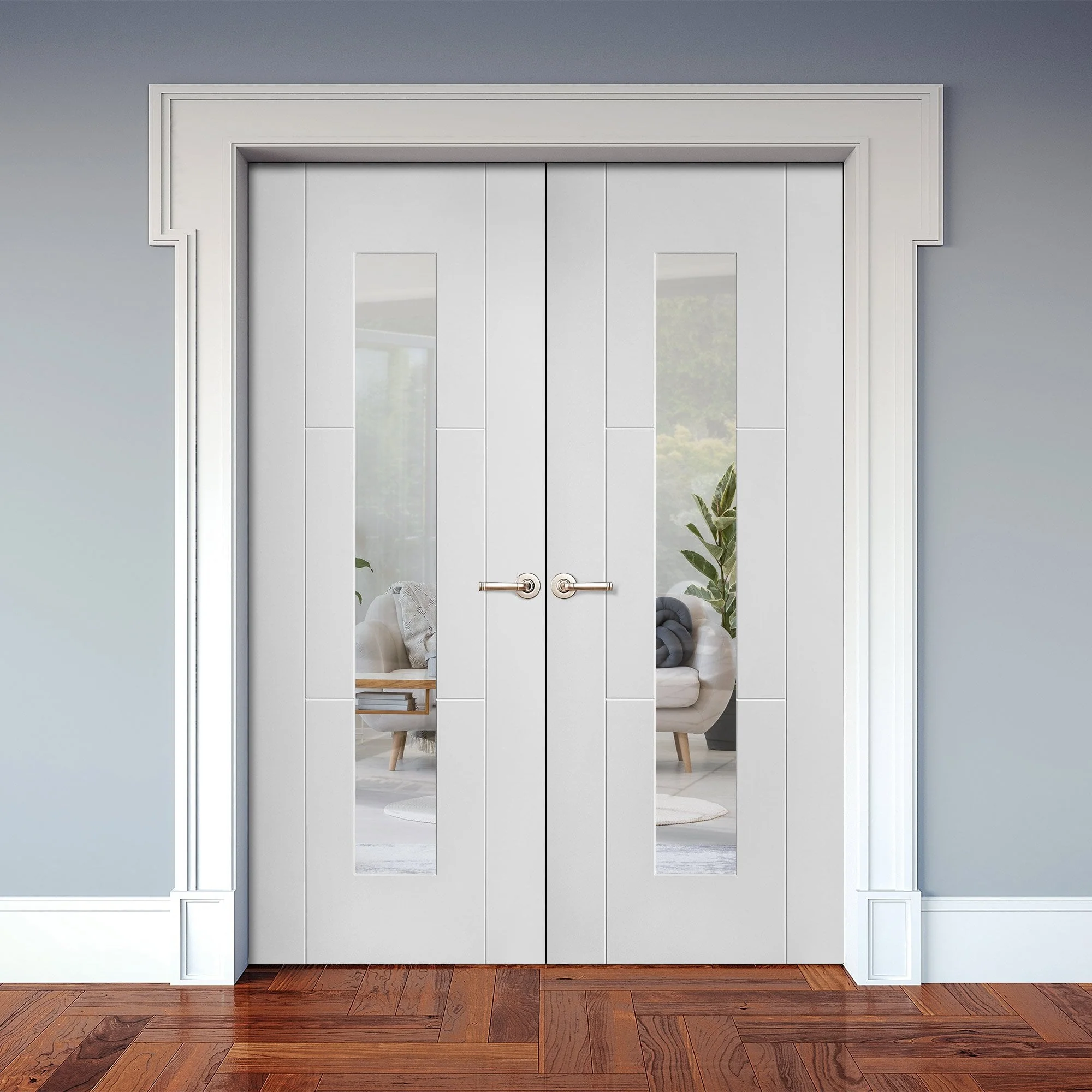 Internal White Primed Trent 3 Panel 1 Light Clear Glass French Door (121435) - Image 3