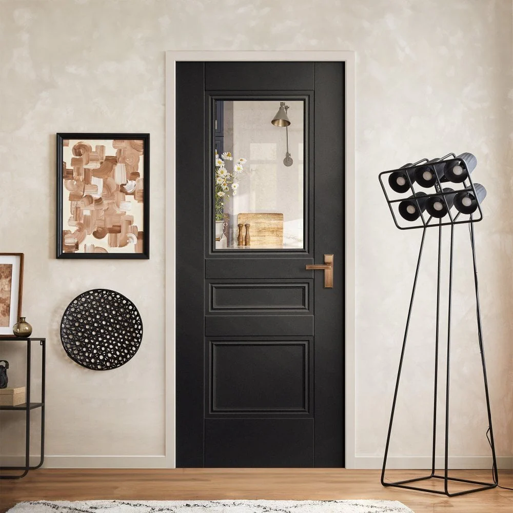 Jet Black Internal Fully Finished 2 Panel 1 Light Clear Glass Elegance Henley Door