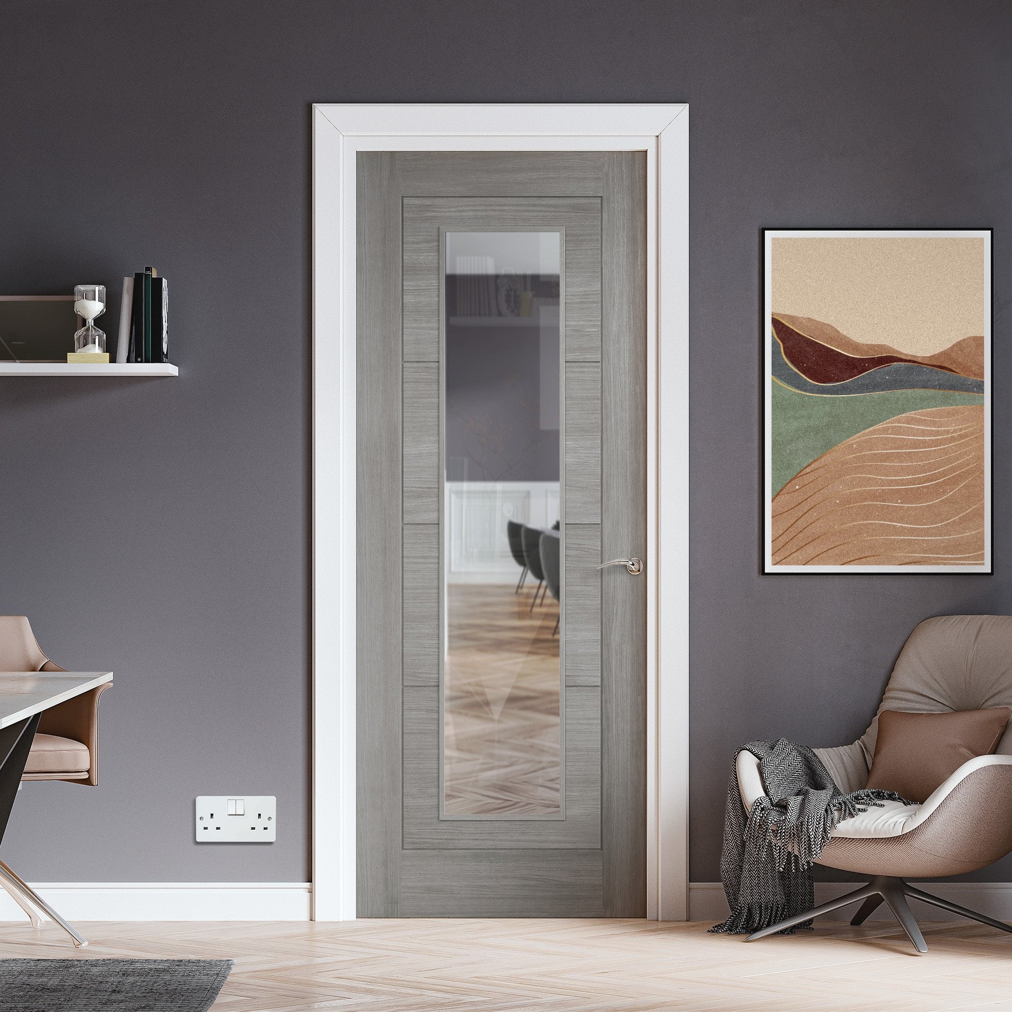 Light Grey Fully Finished Internal Endure Laminate Ladder Clear Glass Door