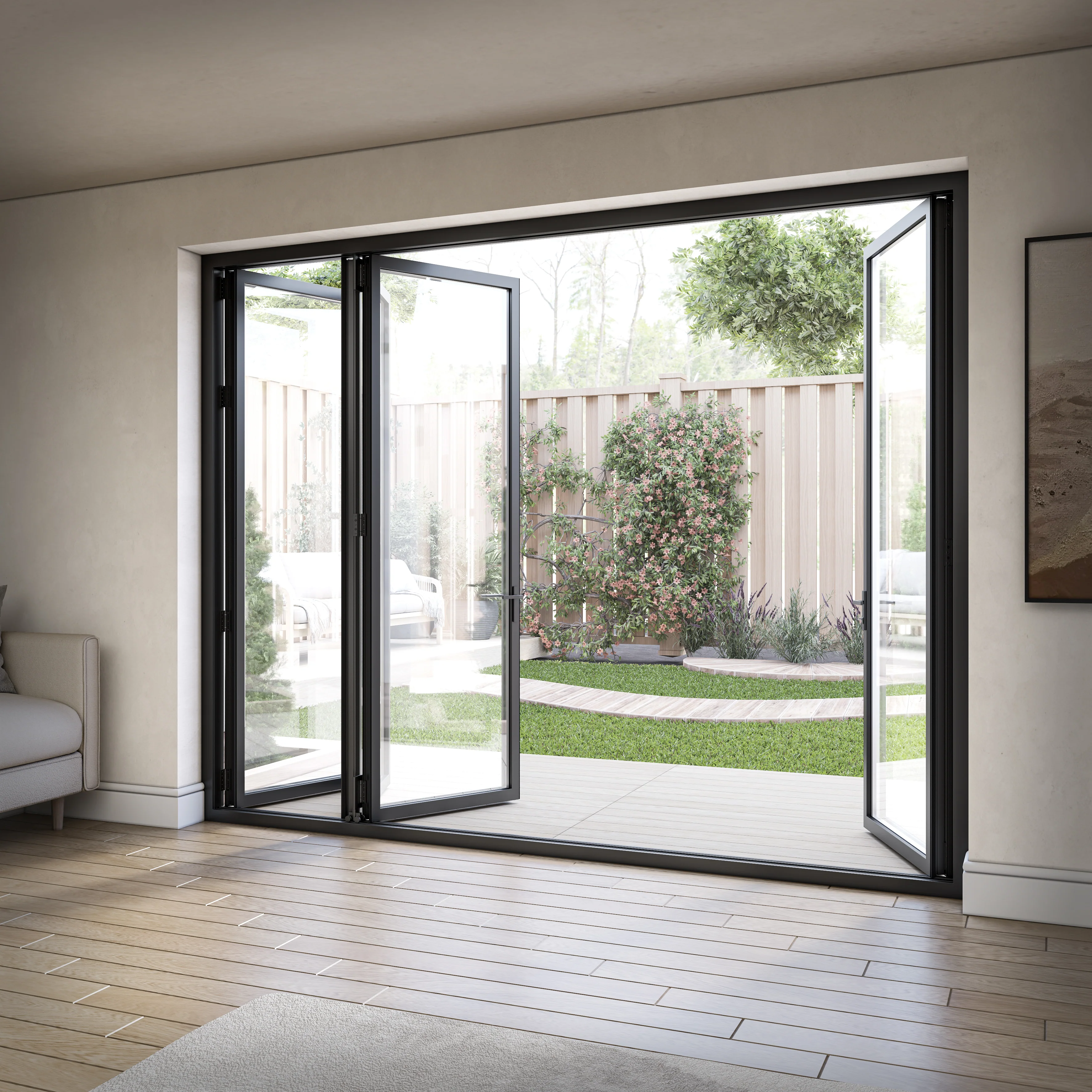Matt Black Aluminium External 3+1 Clear Glass Folding Patio Door - Image 4