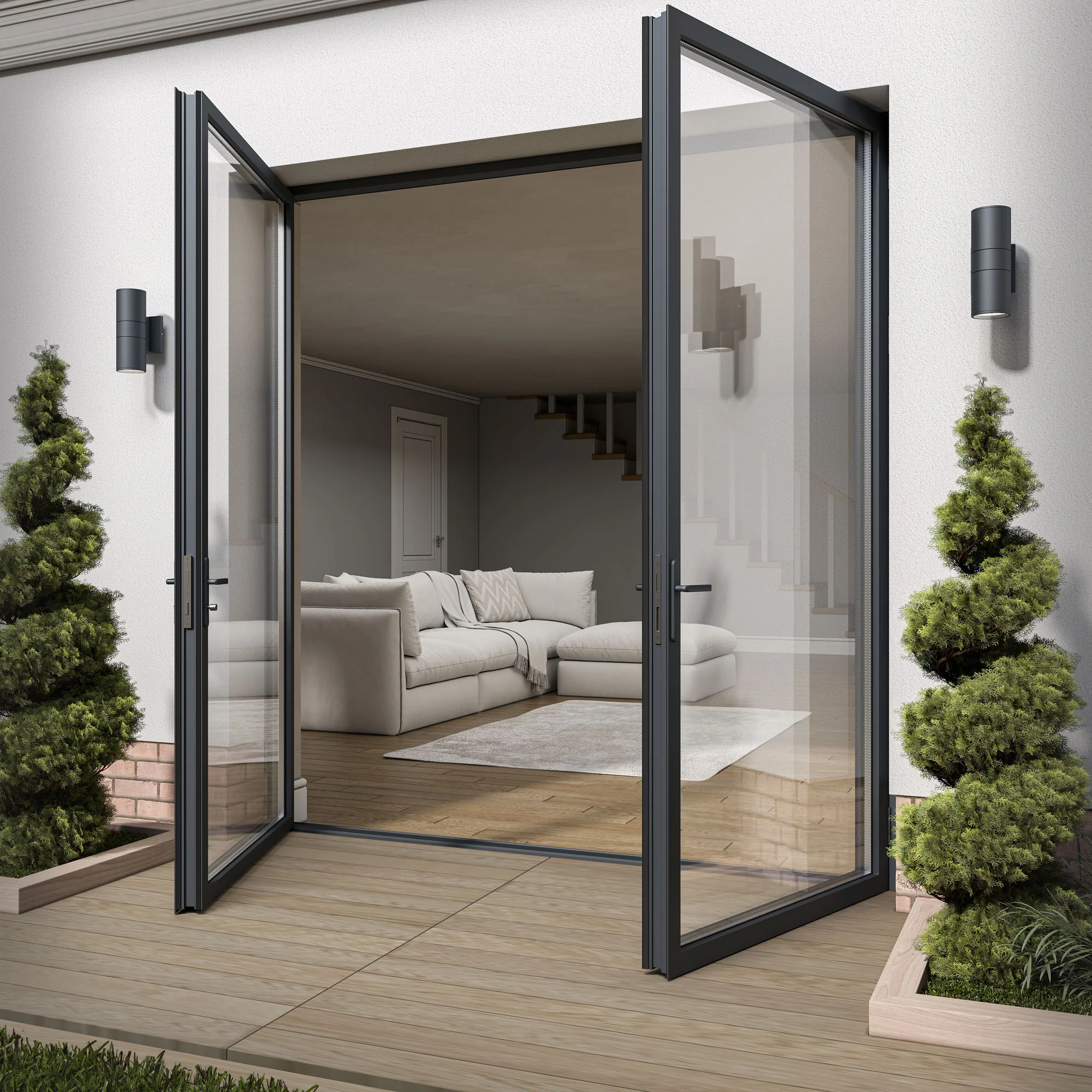Matt Grey Aluminium External Clear Glass French Patio Door - Image 2
