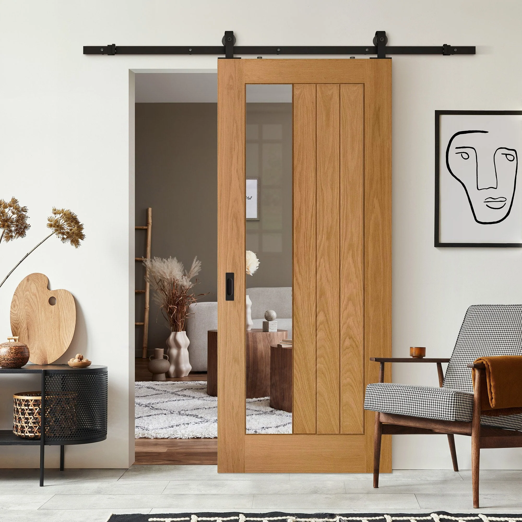 Oak Internal Fully Finished Farley 1 Light Clear Offset Glass Sliding Door - Black Top Mounted
