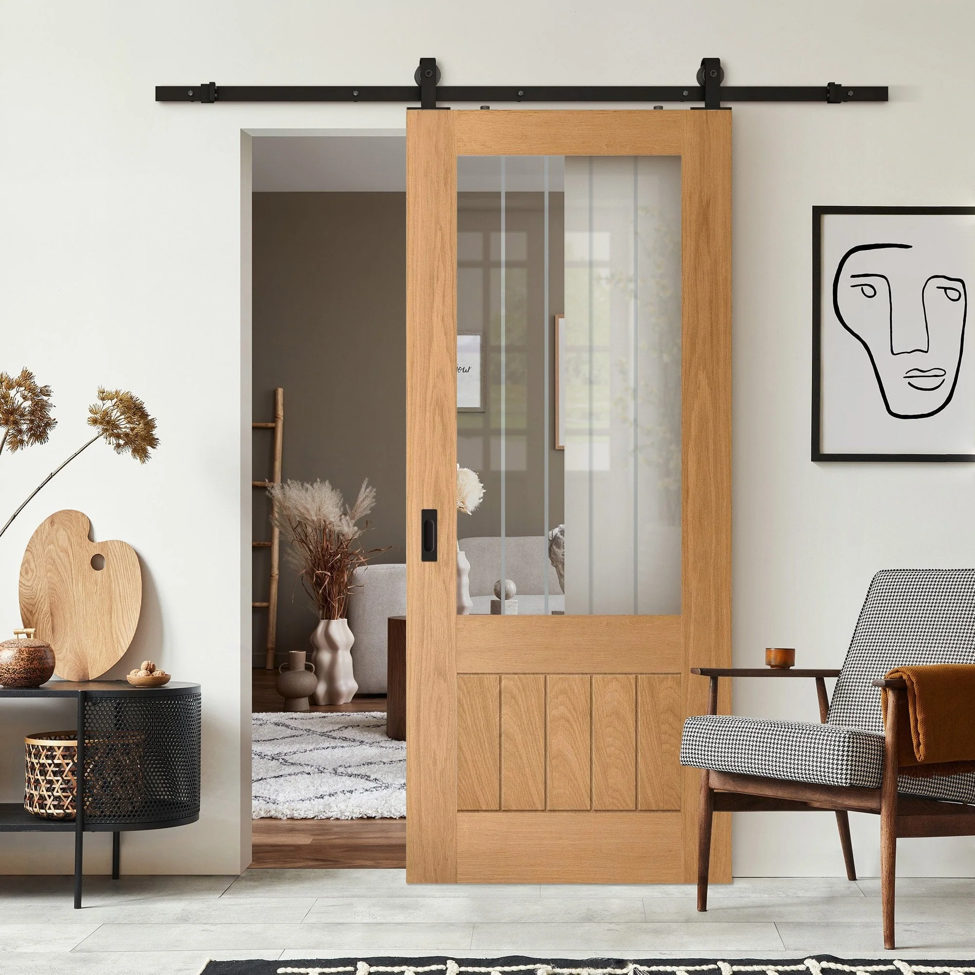 Oak Internal Fully Finished Farley 1 Panel 1 Light Obscure Lined Clear Glass Sliding Door - Black Top Mounted