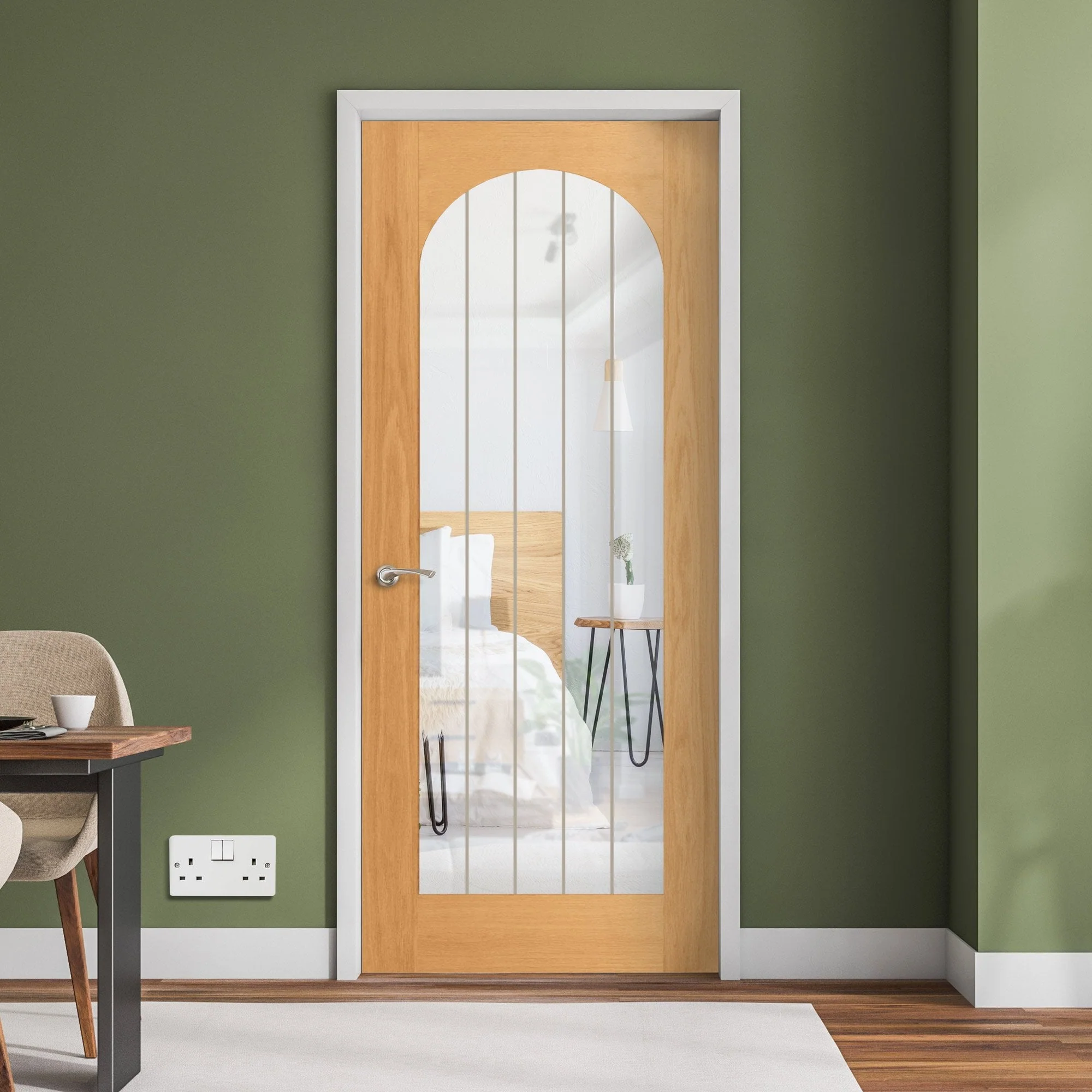 Oak Internal Fully Finished Farley Arched Square Top 1 Light Obscure Lined Clear Glass Door