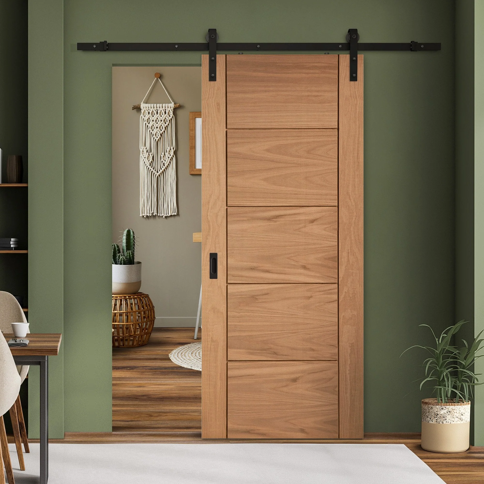Oak Internal Unfinished Parma 5 Panel Sliding Door - Black Face Mounted