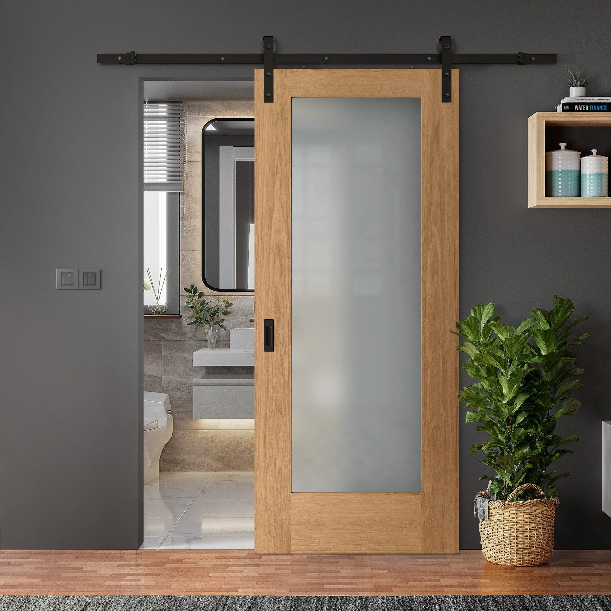 Oak Internal Unfinished Pattern 10 1 Light Obscure Glass Sliding Door - Black Face Mounted
