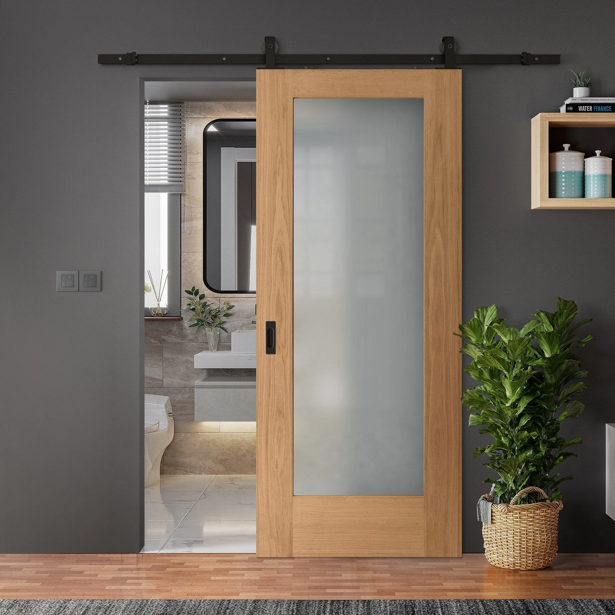 Oak Internal Unfinished Pattern 10 1 Light Obscure Glass Sliding Door - Black Top Mounted
