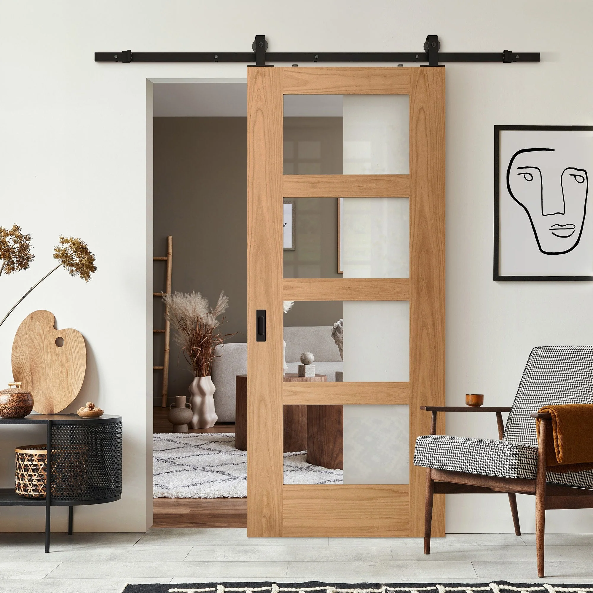 Oak Internal Unfinished Shaker 4 Light Clear Glass Sliding Door - Black Top Mounted