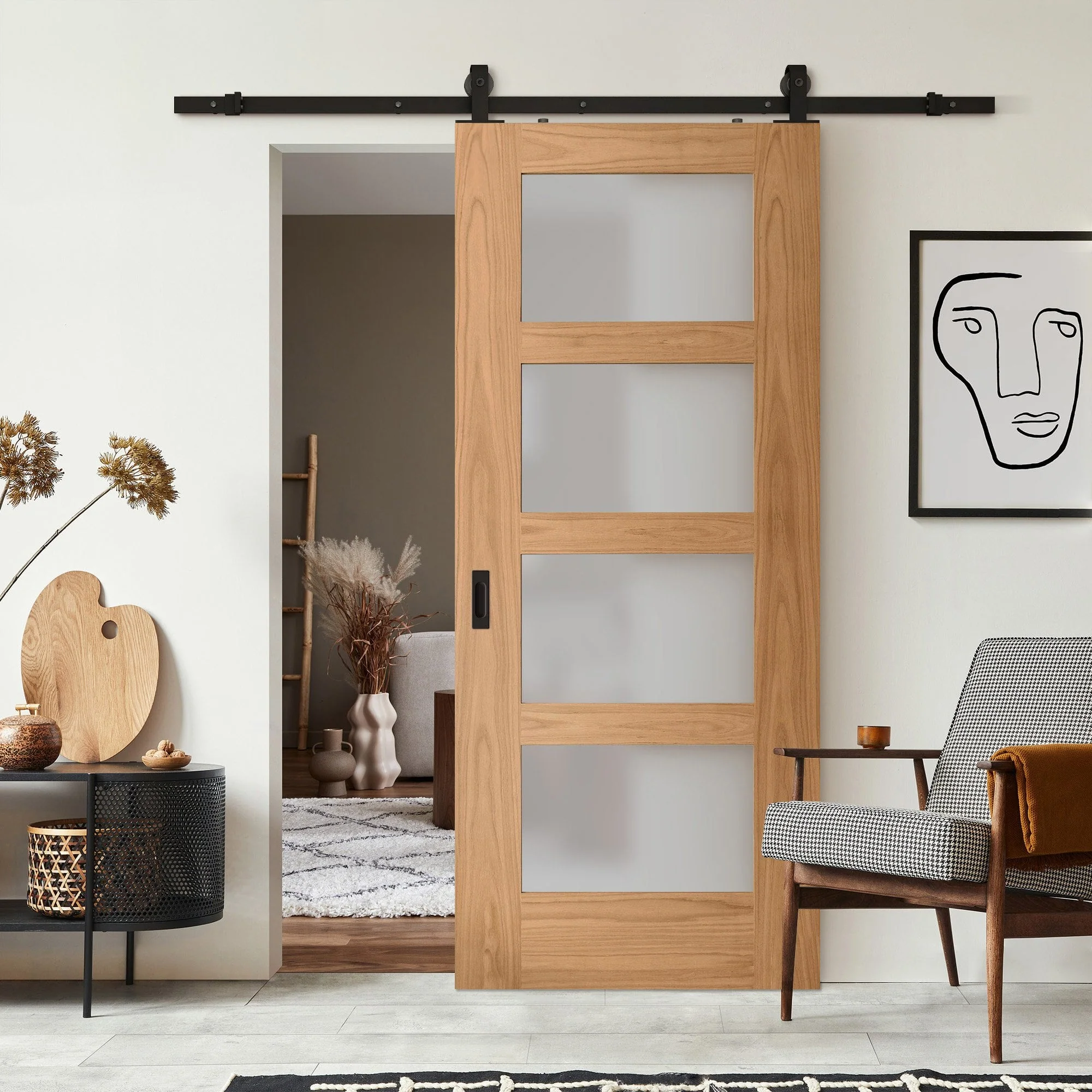 Oak Internal Unfinished Shaker 4 Light Obscure Glass Sliding Door - Black Top Mounted