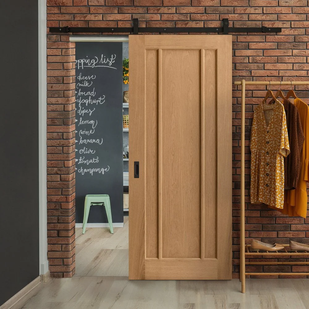 Oak Internal Unfinished Toledo 3 Panel Sliding Door - Black Top Mounted