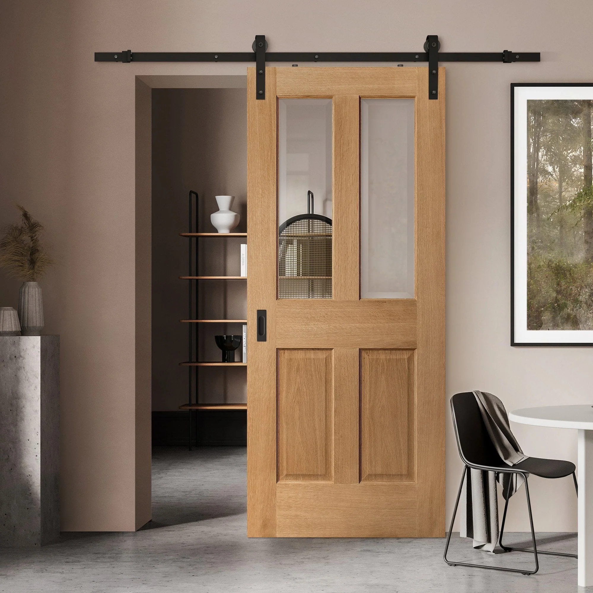 Oak Internal Unfinished Traditional Victorian 2 Panel 2 Light Clear Bevelled Glass Sliding Door - Black Face Mounted