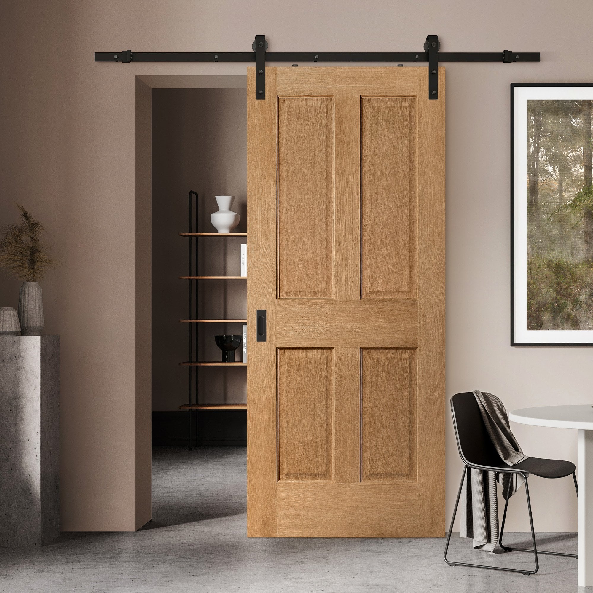 Oak Internal Unfinished Traditional Victorian 4 Panel Sliding Door - Black Face Mounted