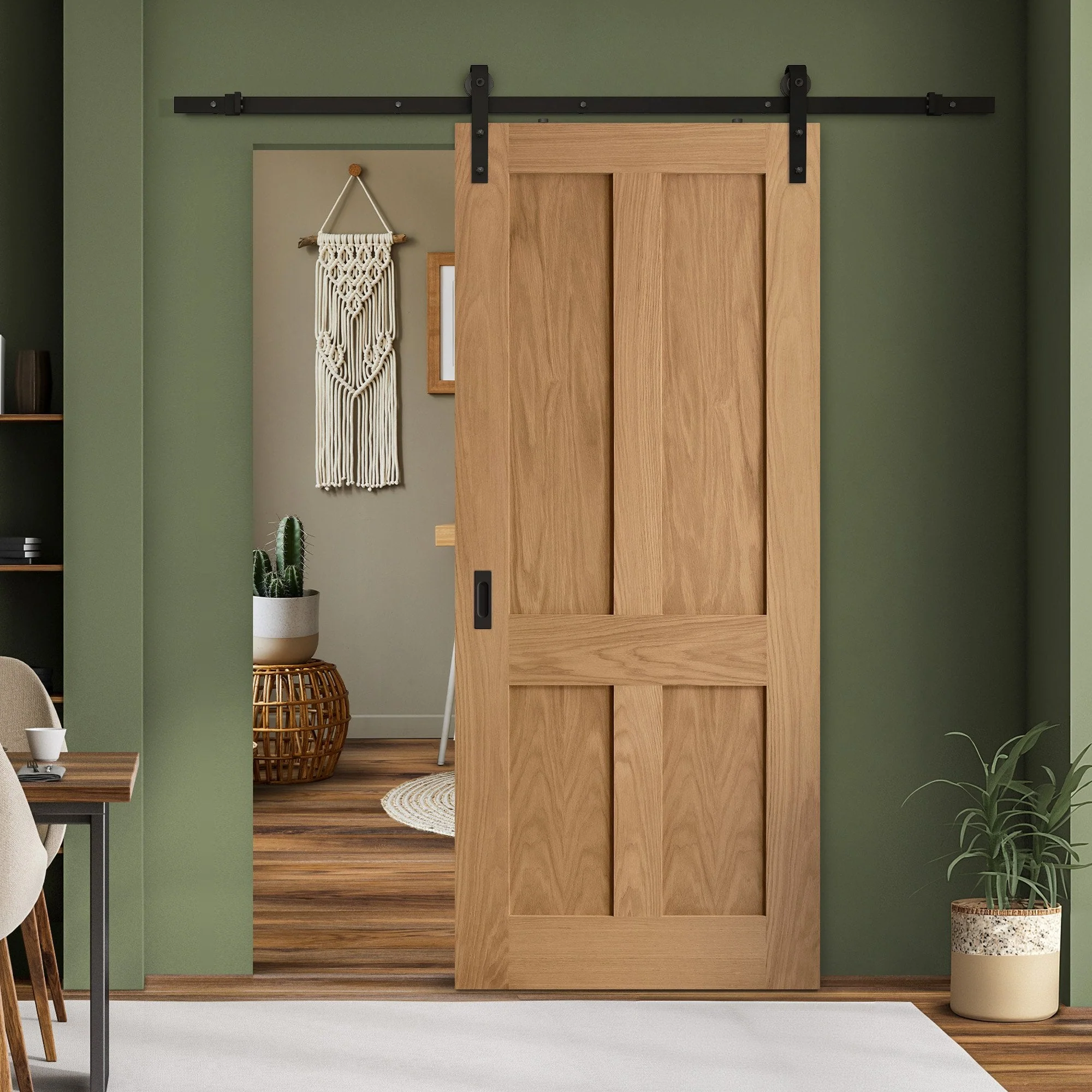 Oak Internal Unfinished Victorian 4 Panel Flat Sliding Door - Black Face Mounted