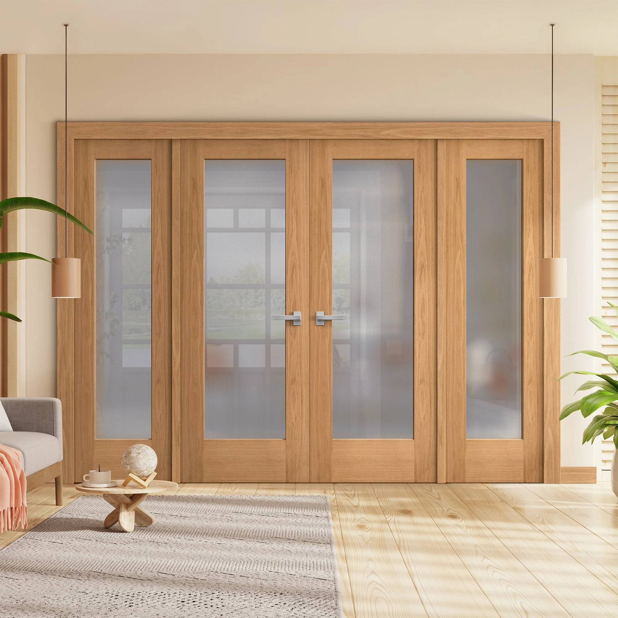 Oak Unfinished Internal Pattern 10 obscure Glass Sidelight Room Divider Set